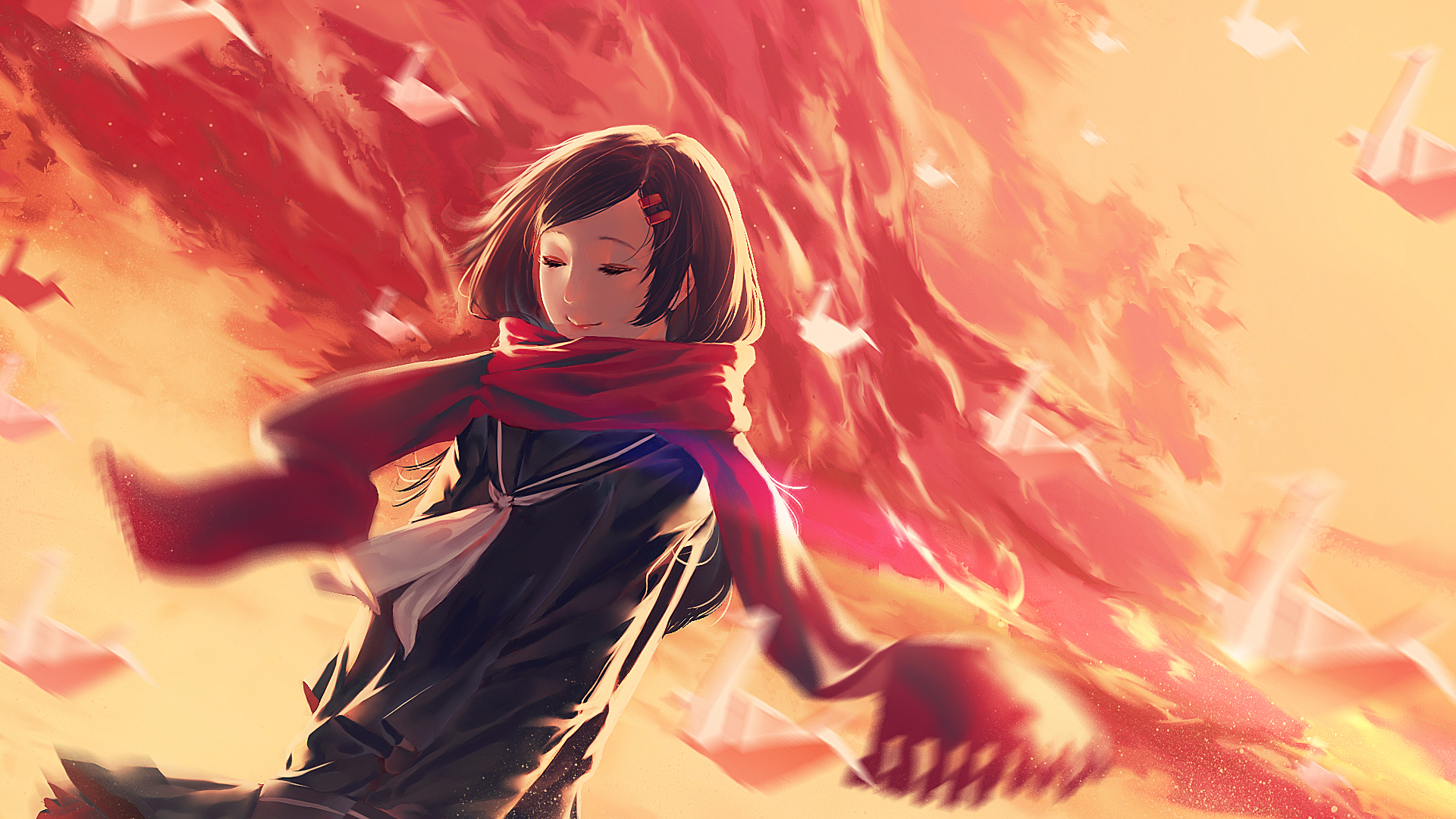 Ayano Tateyama with Paper Cranes HD Wallpaper