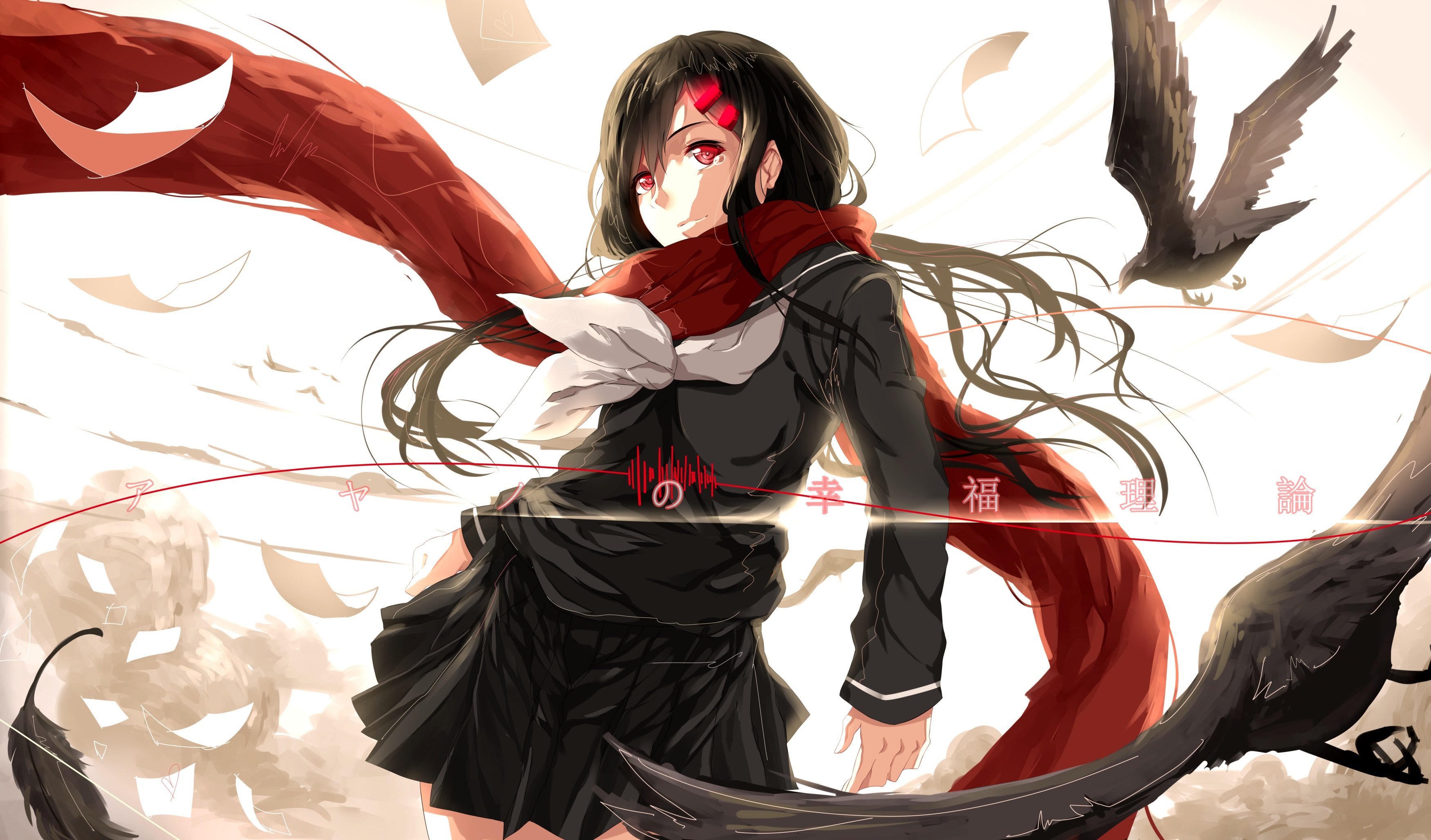 Ayano Tateyama with crows and papers HD Wallpaper