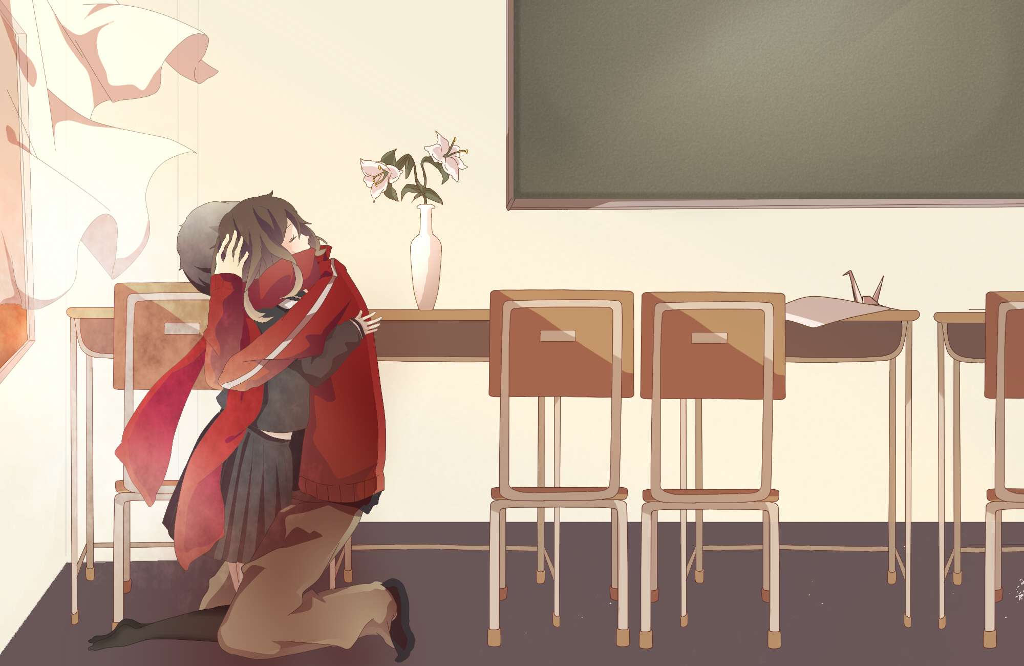 Ayano Tateyama hugging in a classroom HD Wallpaper