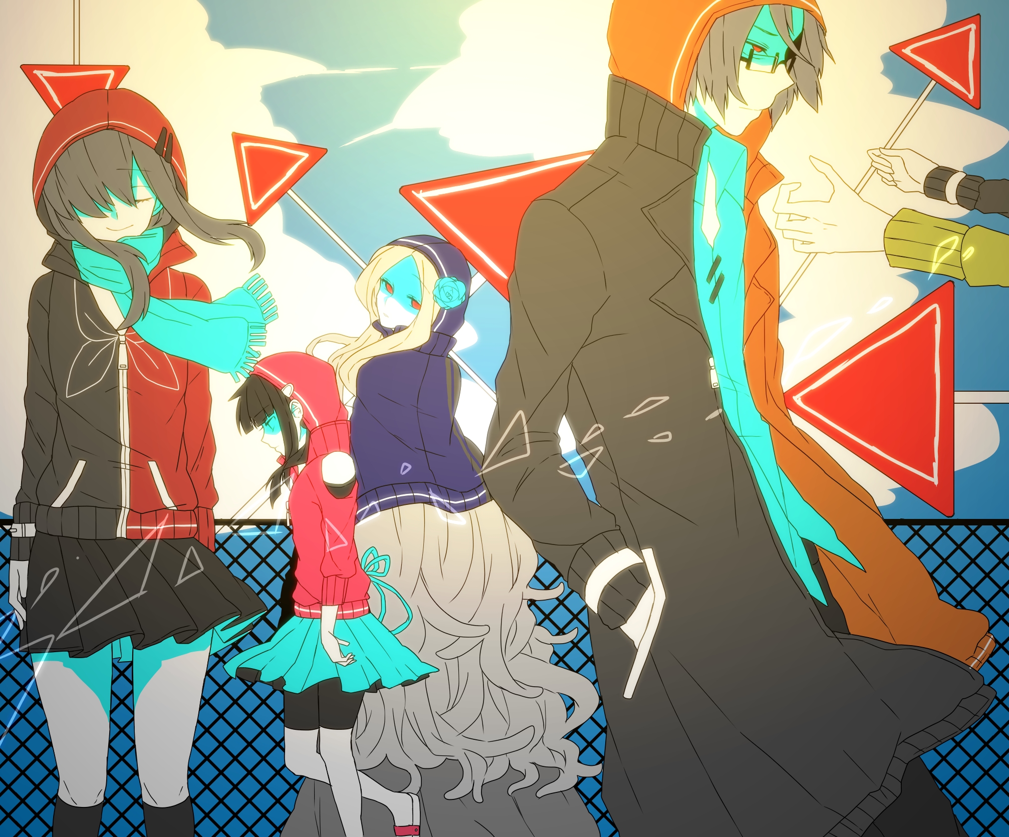 Group of characters with red and blue accents HD Wallpaper
