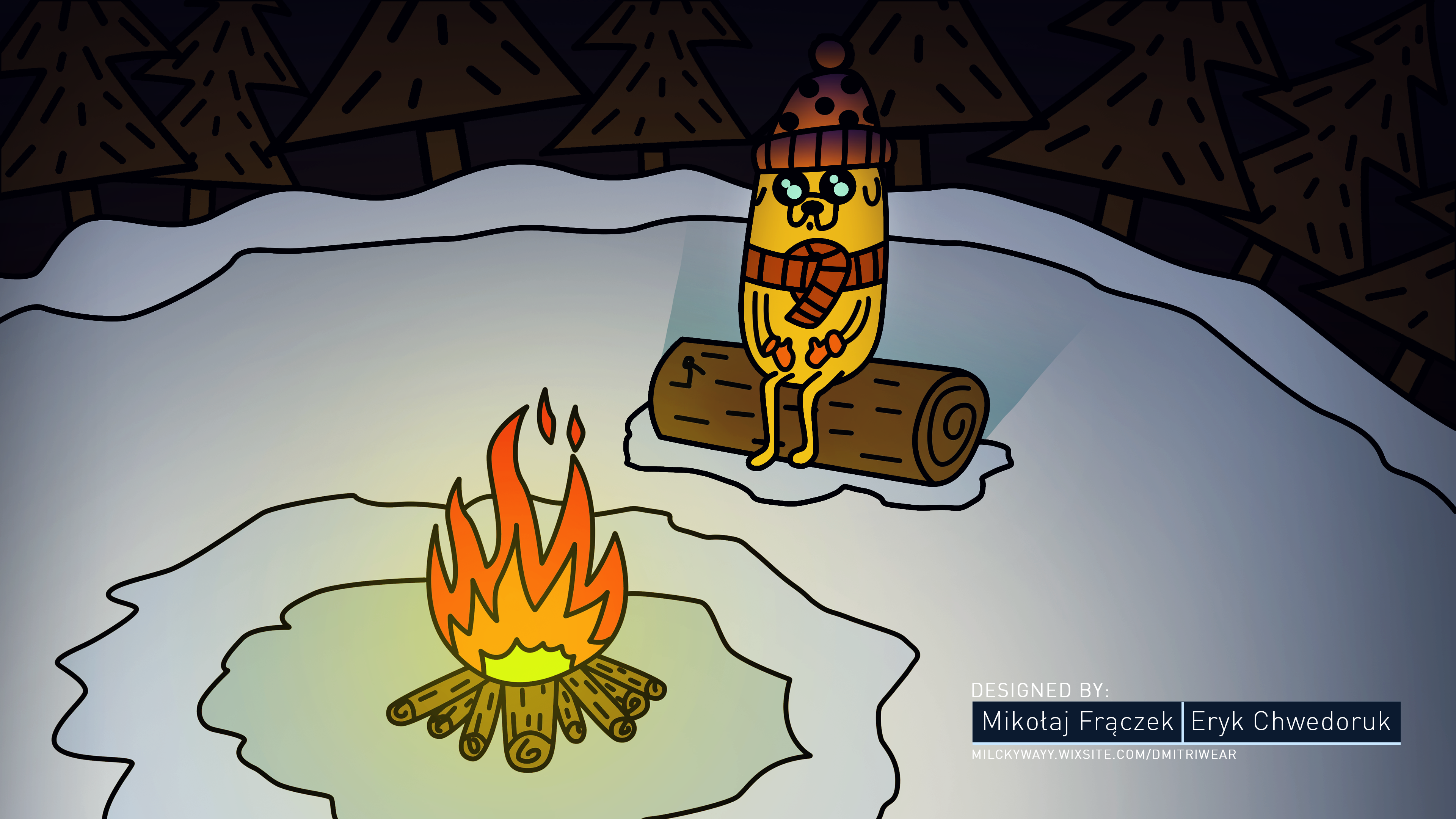 Jake from Adventure Time by a campfire in the snow HD Wallpaper