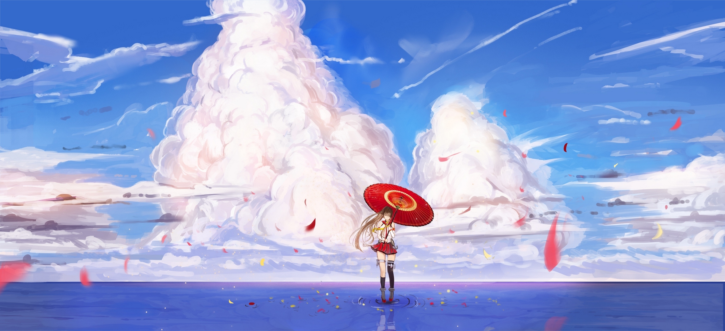 Yamato from Kancolle holding a red umbrella HD Wallpaper