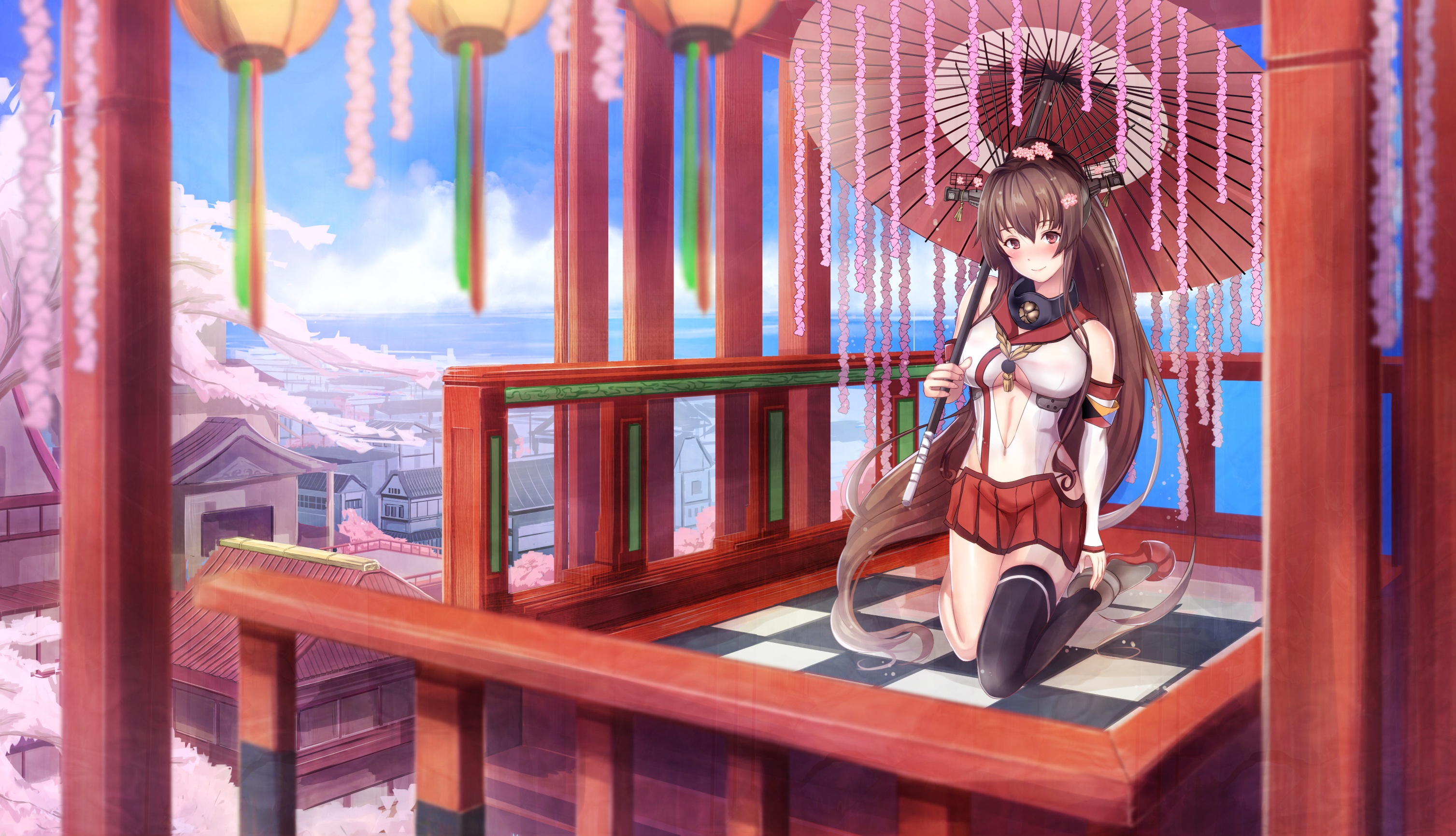Yamato from Kantai Collection holding a parasol HD Wallpaper