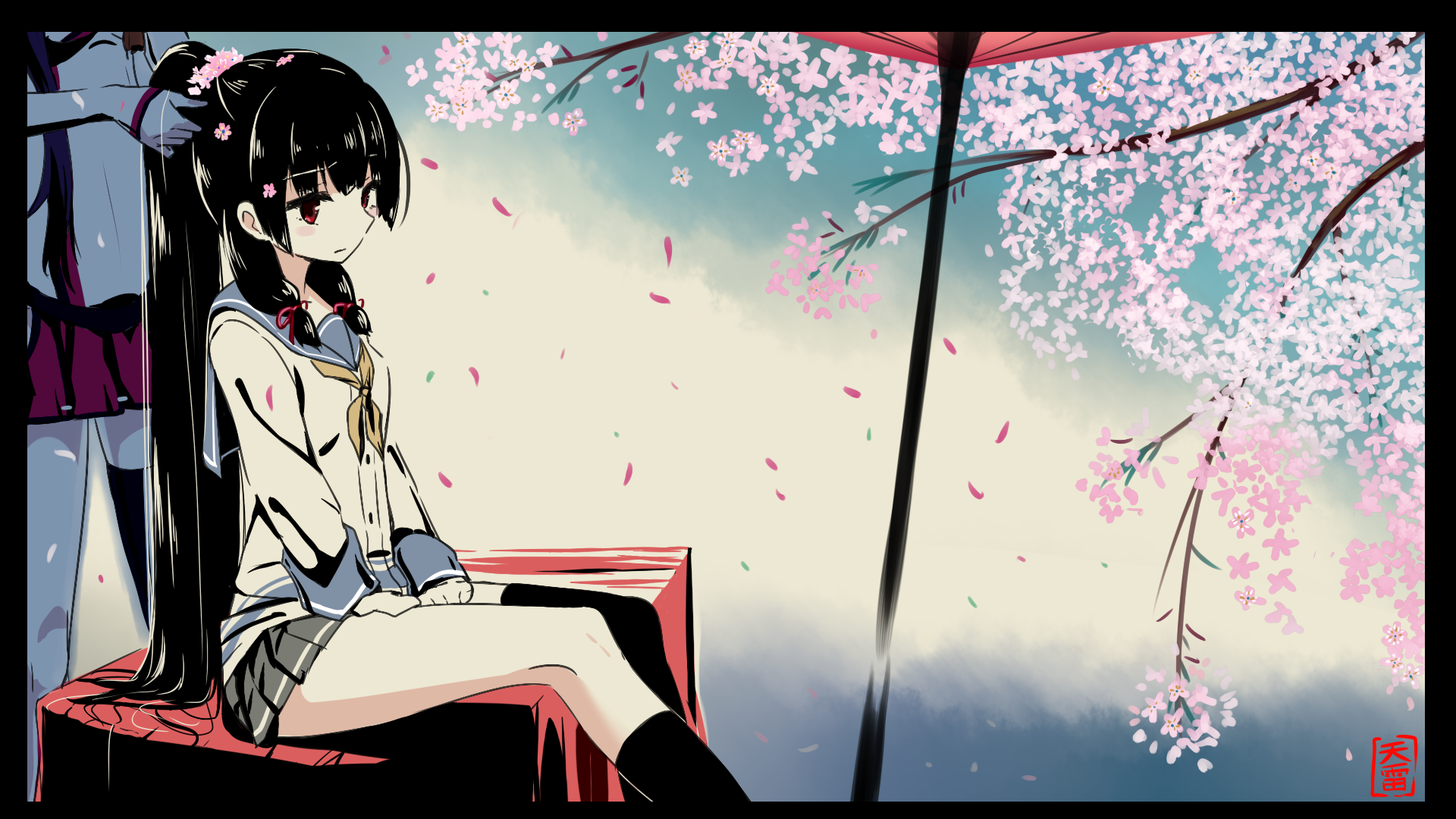 Yamato from Kancolle sitting under cherry blossoms HD Wallpaper