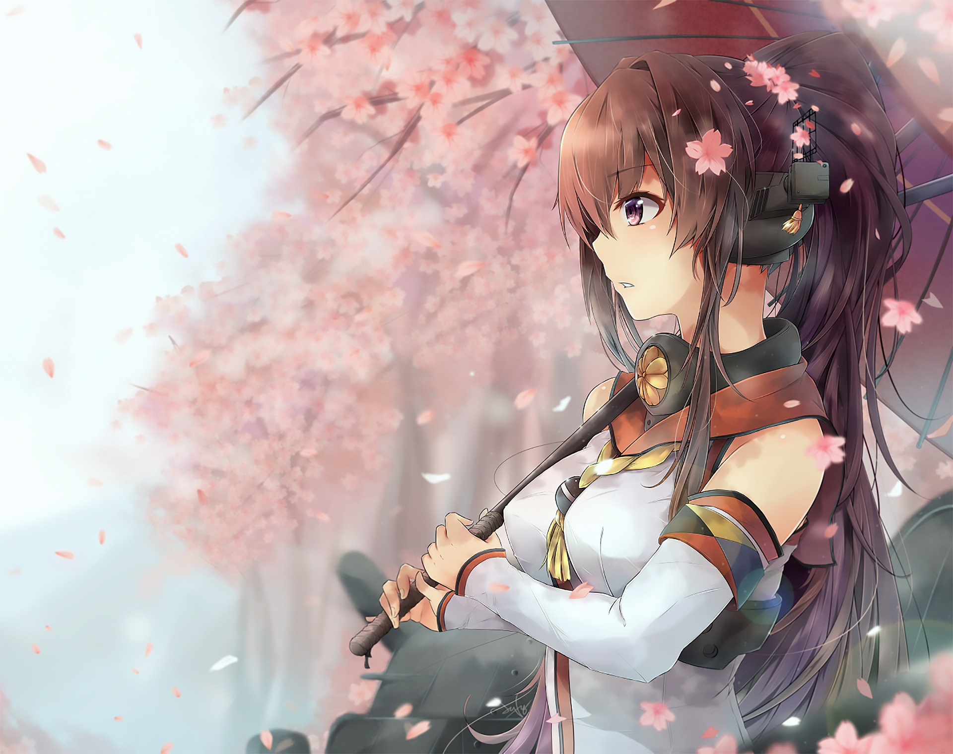 Yamato from Kancolle with umbrella under cherry blossoms HD Wallpaper