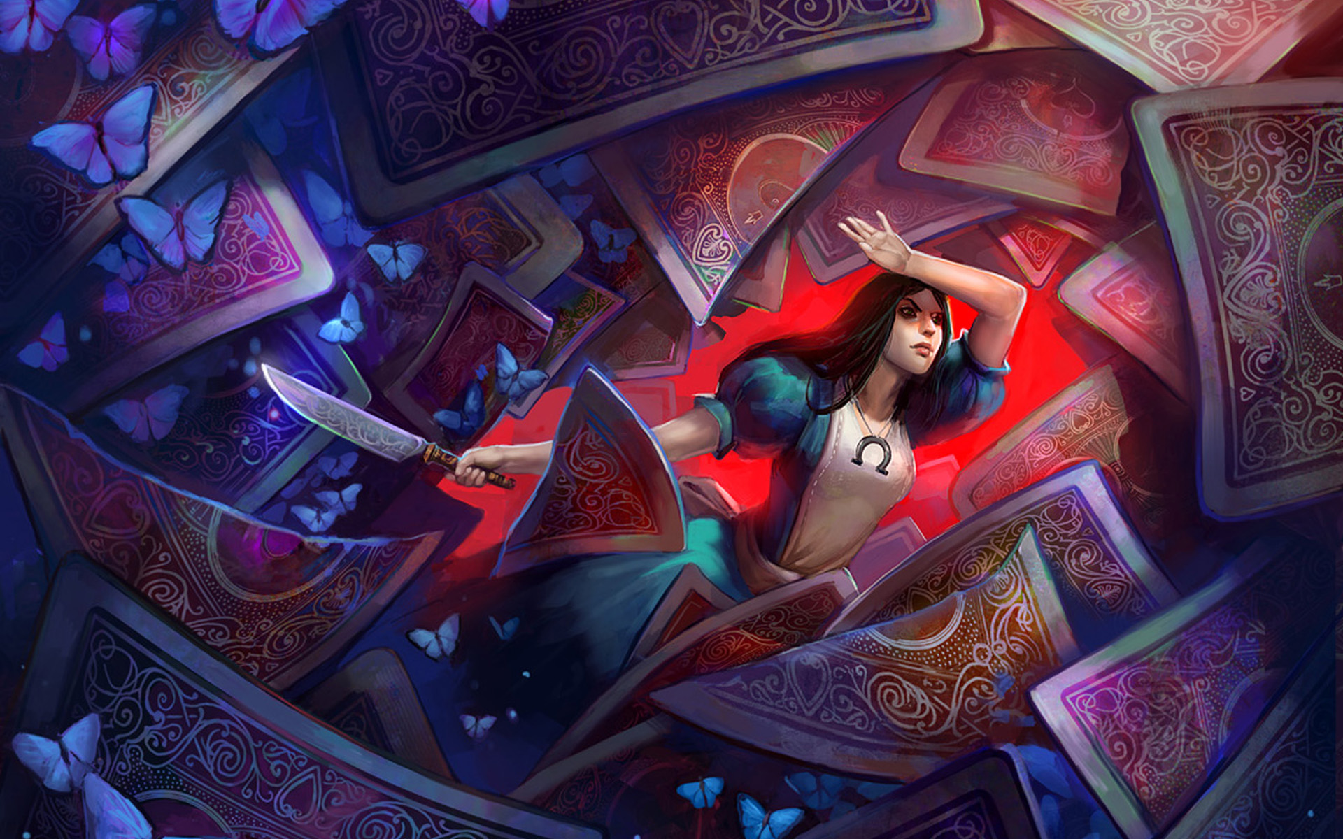 Alice from Alice in Wonderland with playing cards and butterflies HD Wallpaper