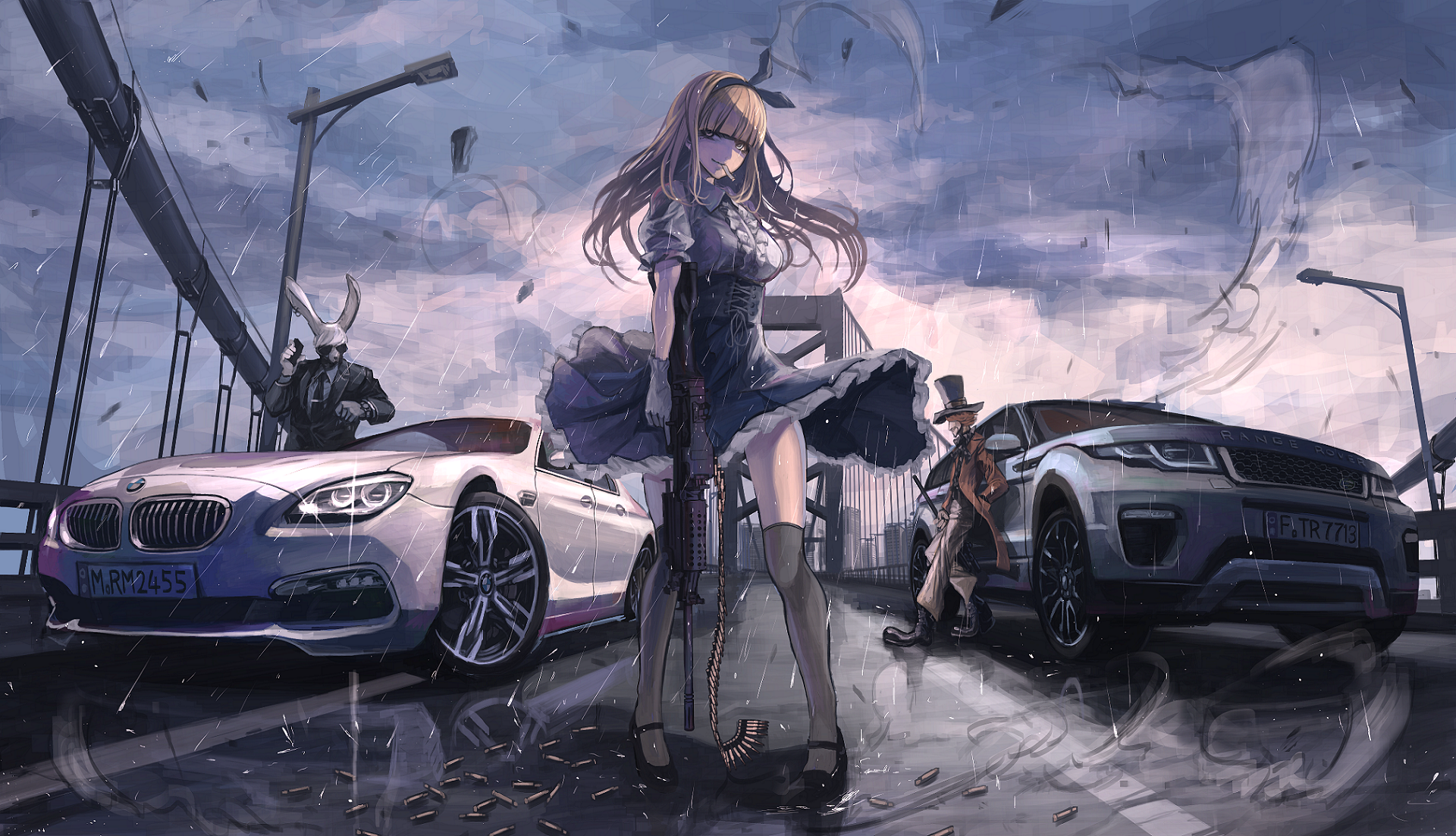 Alice from Alice in Wonderland with guns and cars HD Wallpaper