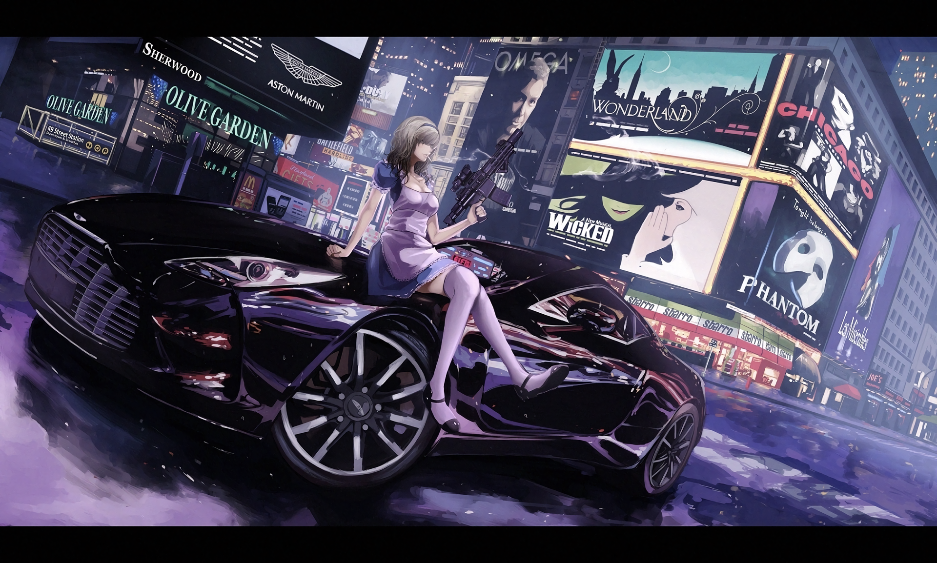 Girl with gun and car in Times Square HD Wallpaper