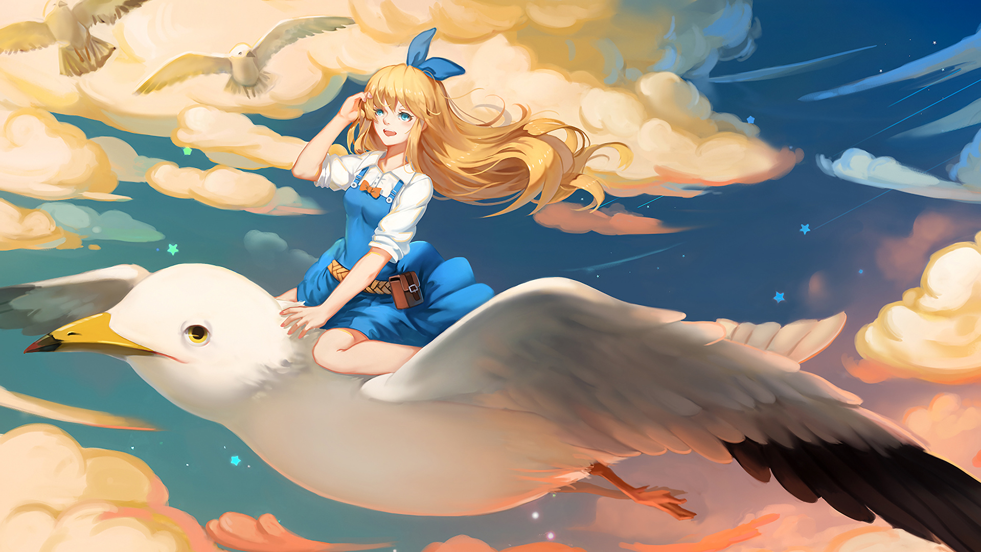 Girl riding a seagull in the sky HD Wallpaper
