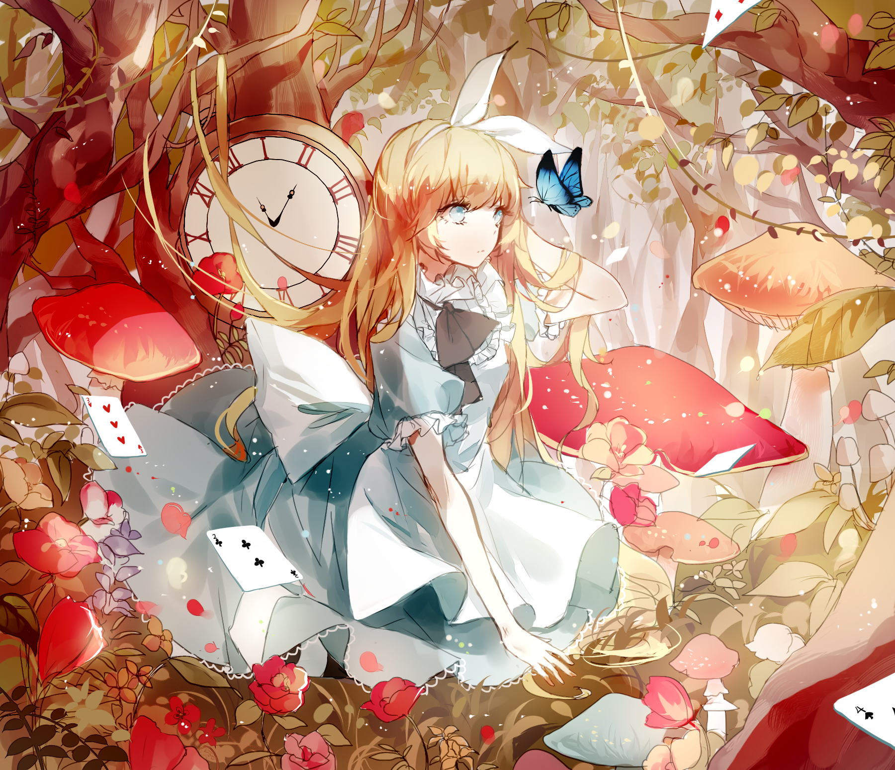 Alice from Alice in Wonderland with a clock and mushrooms HD Wallpaper