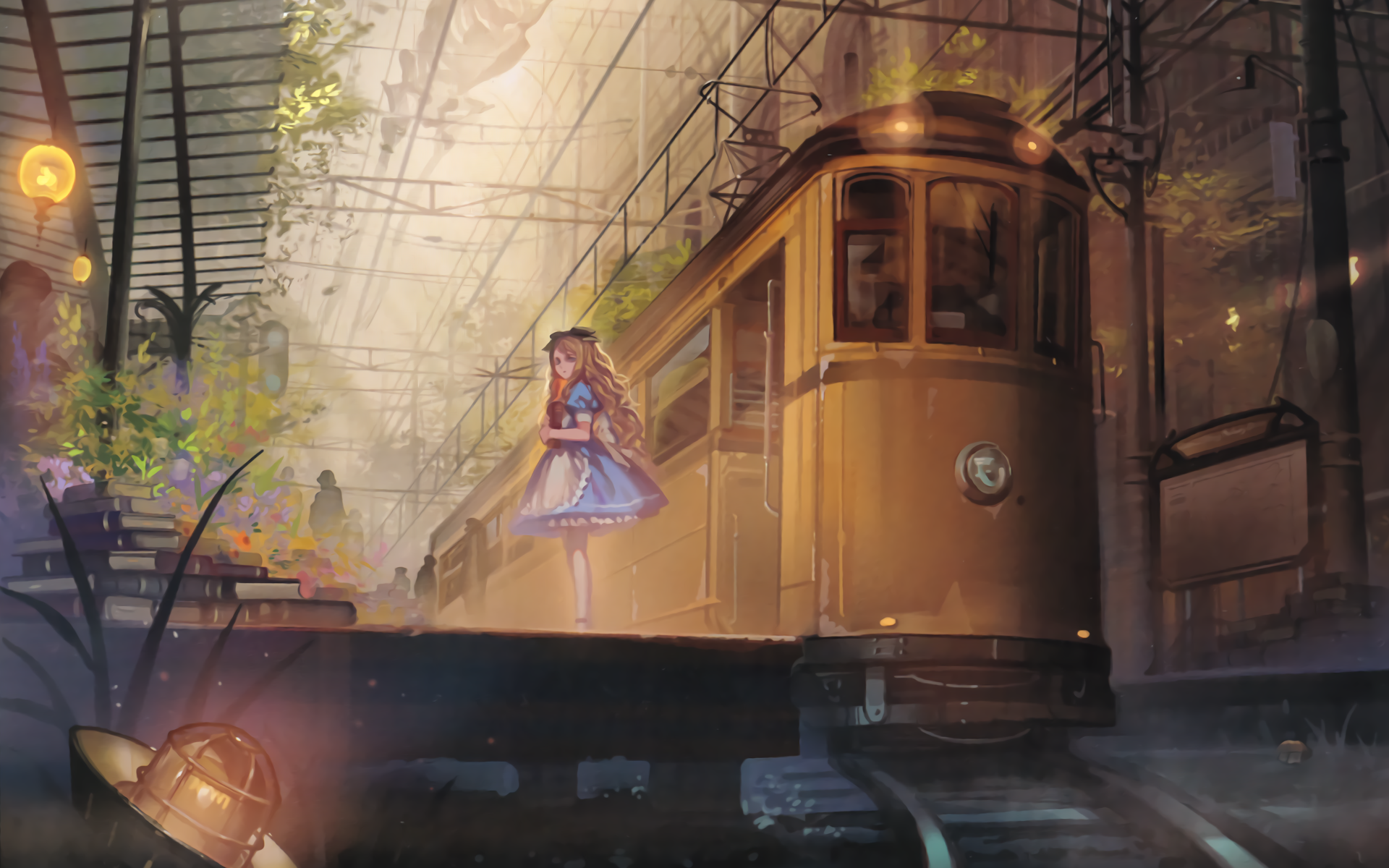Alice from Alice in Wonderland on a train platform HD Wallpaper