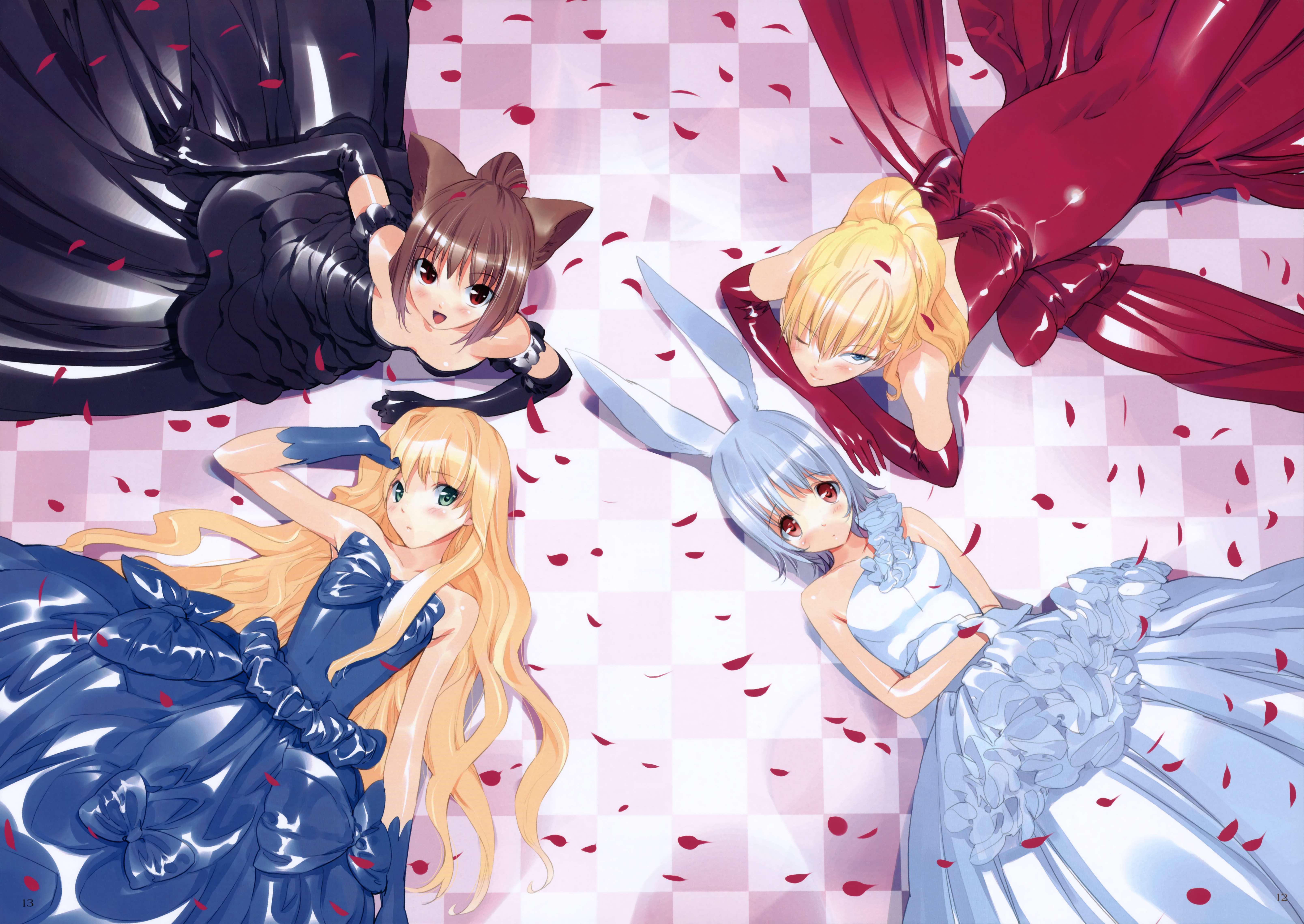 Four anime girls in dresses with rose petals HD Wallpaper
