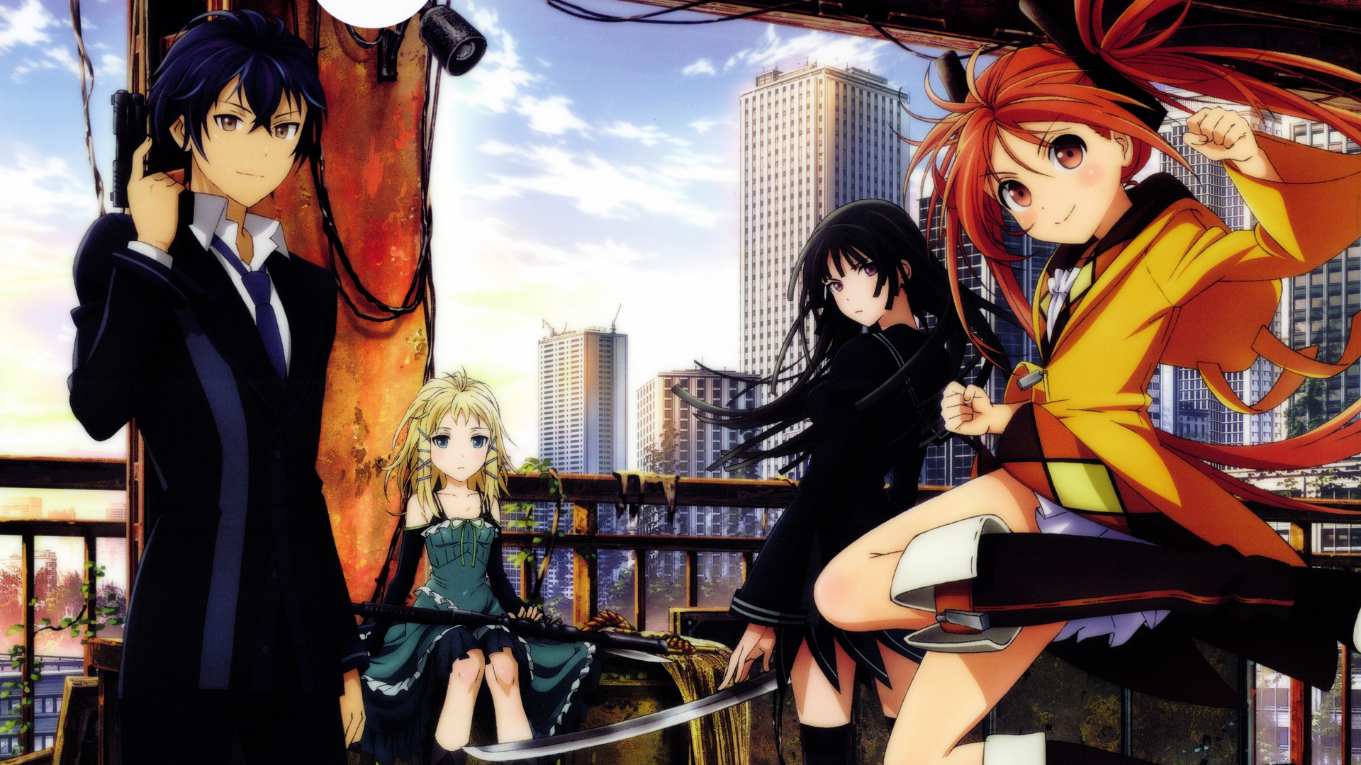 Enju Aihara and companions on a rooftop HD Wallpaper