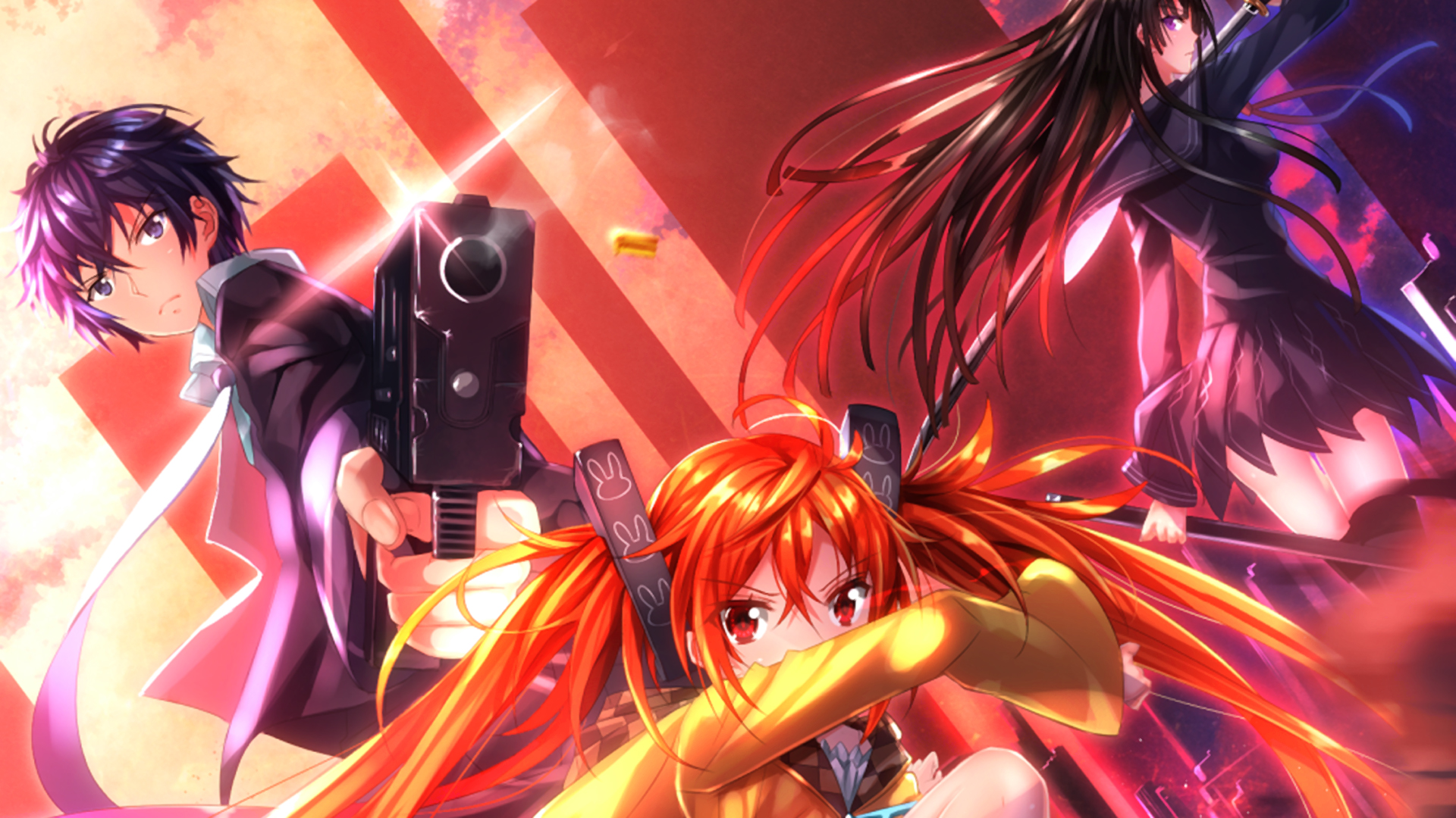 Enju Aihara and companions with guns and swords HD Wallpaper
