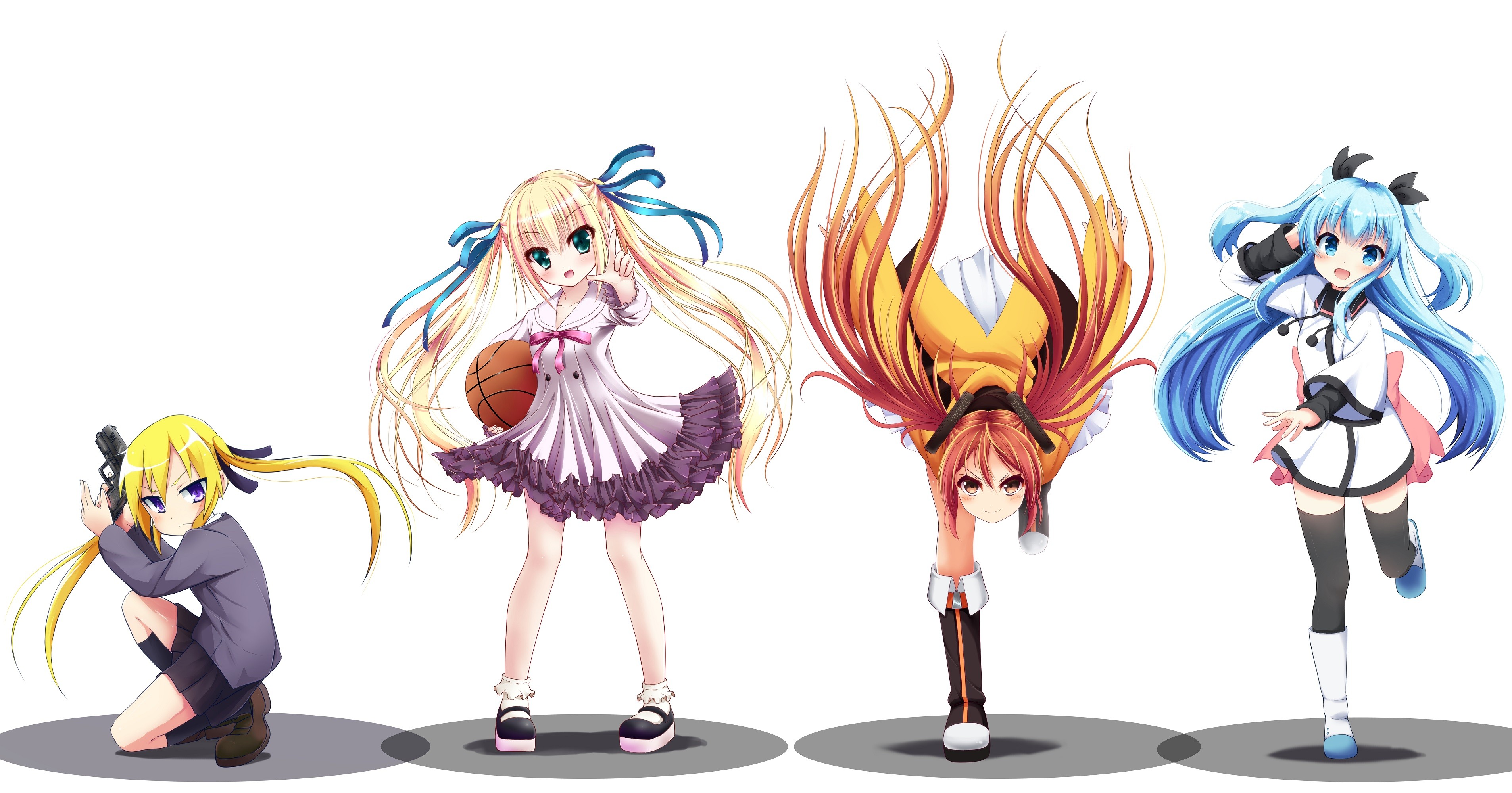 Four anime girls with different hair colors and outfits HD Wallpaper