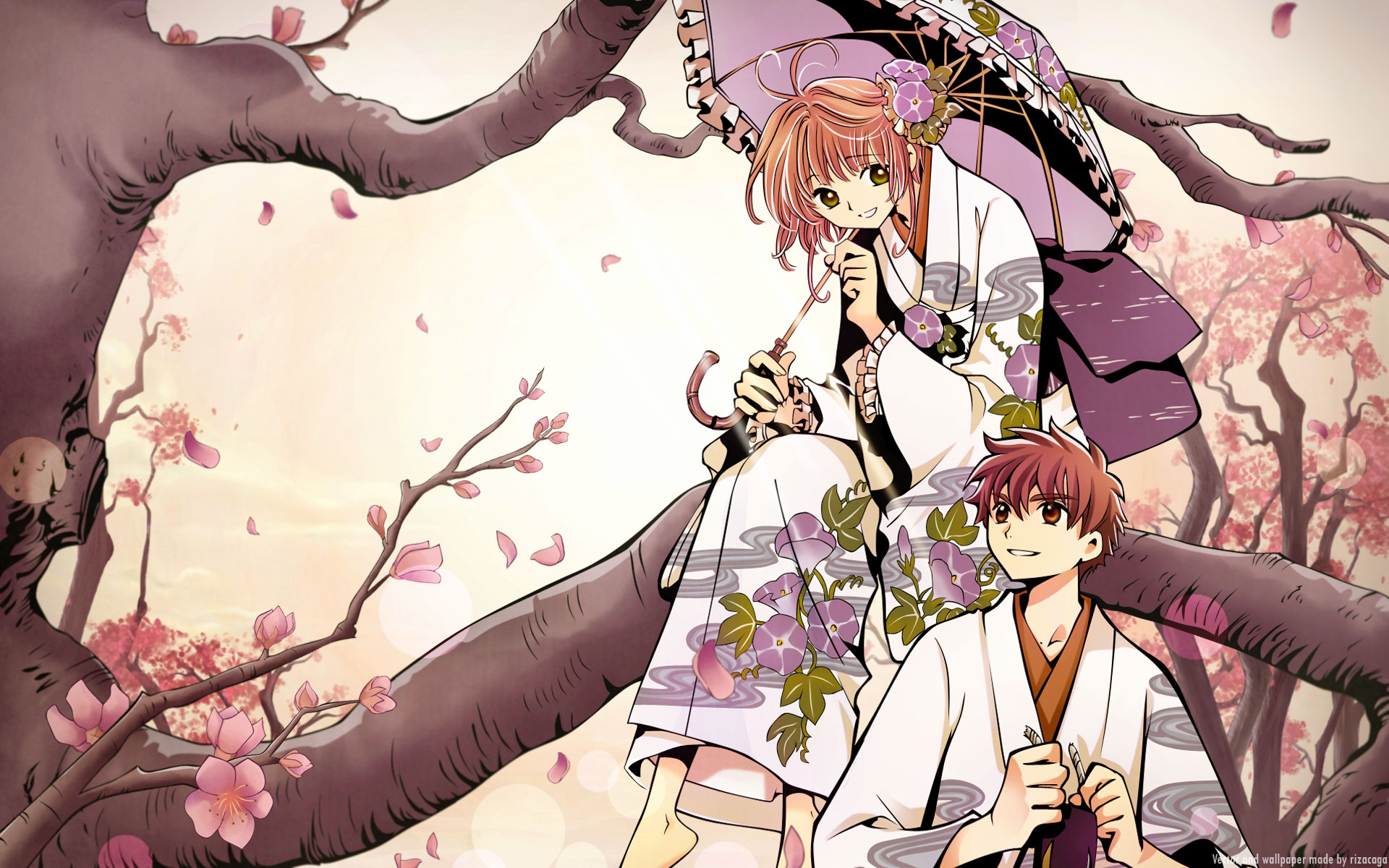 Sakura Kinomoto and Syaoran Li under a cherry blossom tree HD Wallpaper