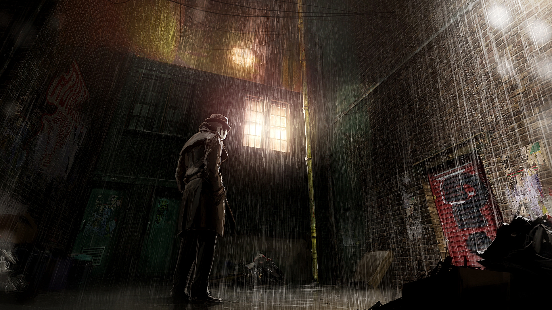 Rorschach in a rainy alley HD Wallpaper