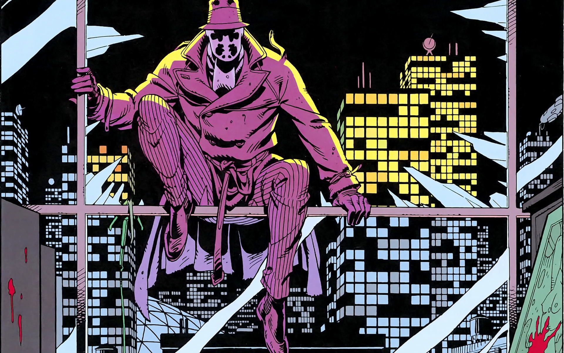 Rorschach from Watchmen sitting on a ledge HD Wallpaper