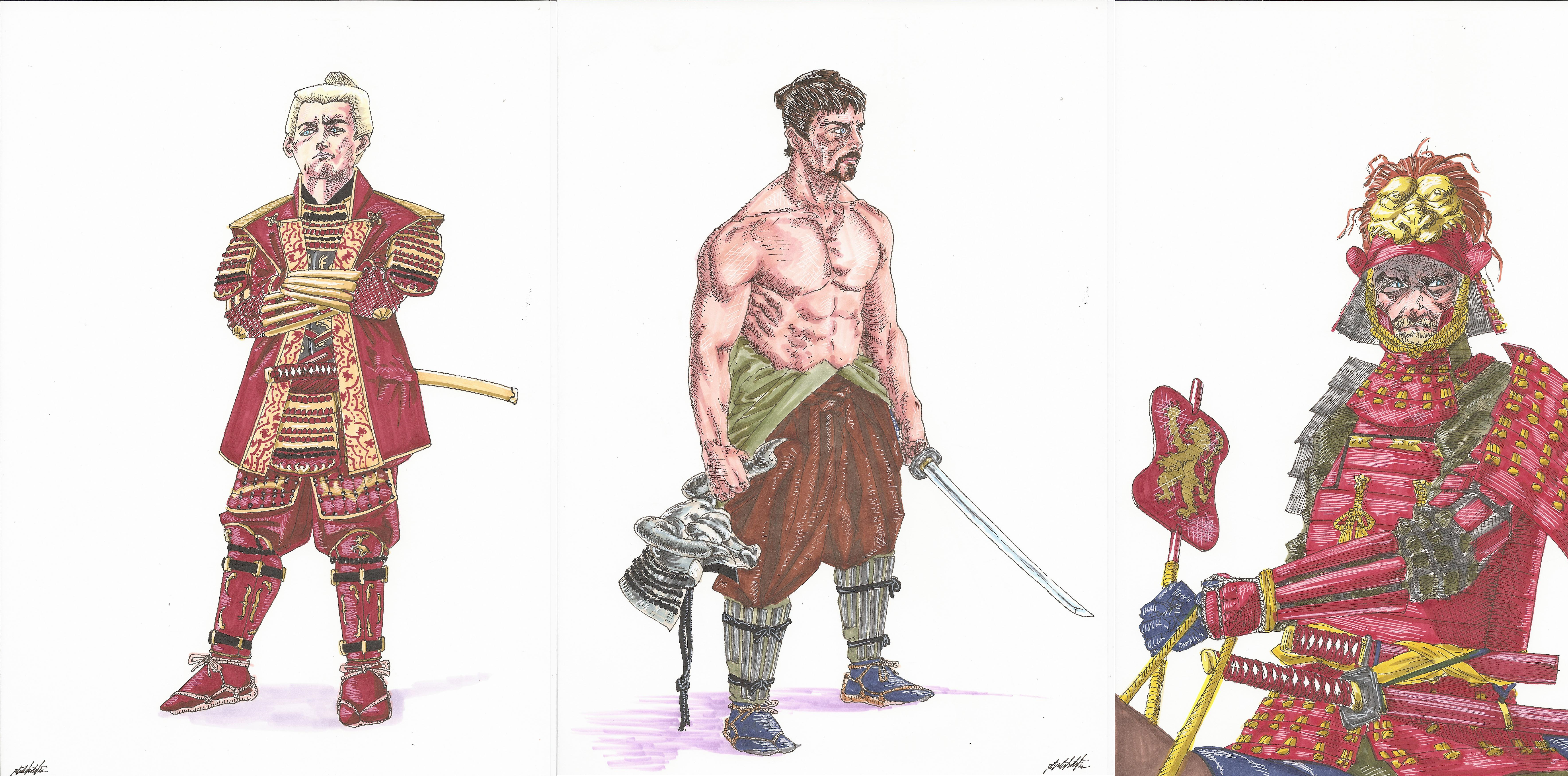 Three Samurai Warriors in Red Armor HD Wallpaper