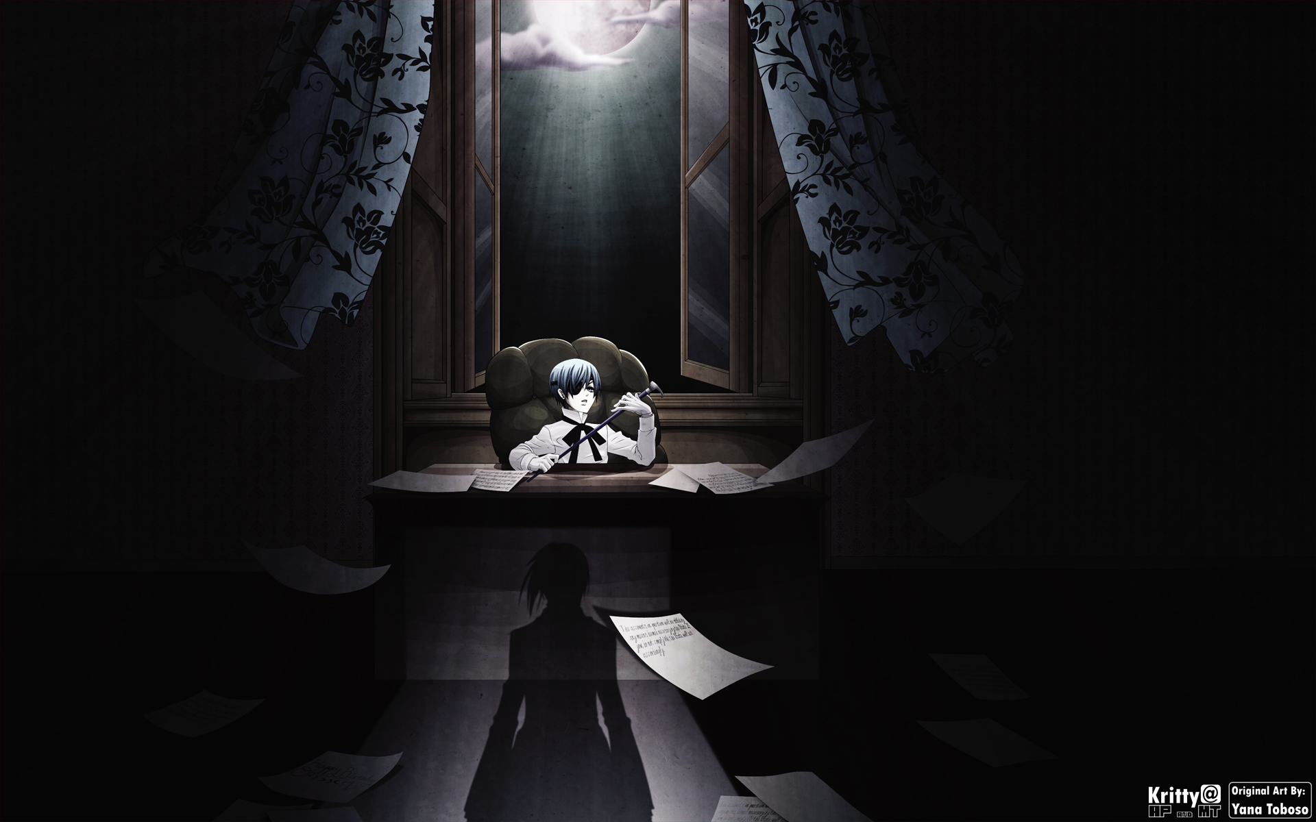 Ciel Phantomhive from Black Butler sitting at a desk HD Wallpaper