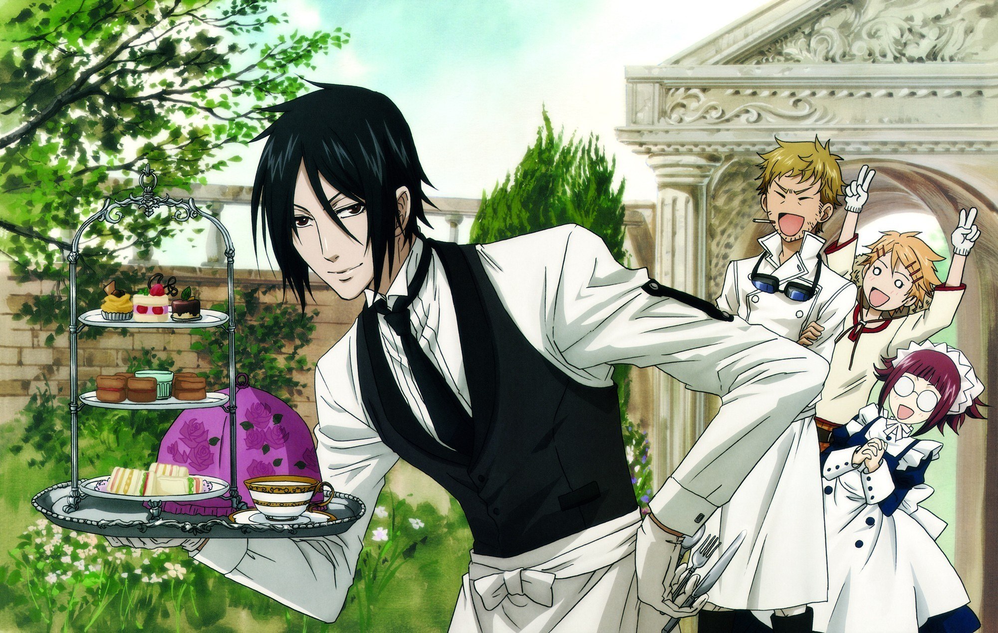 Sebastian Michaelis serving tea to maids and butler HD Wallpaper