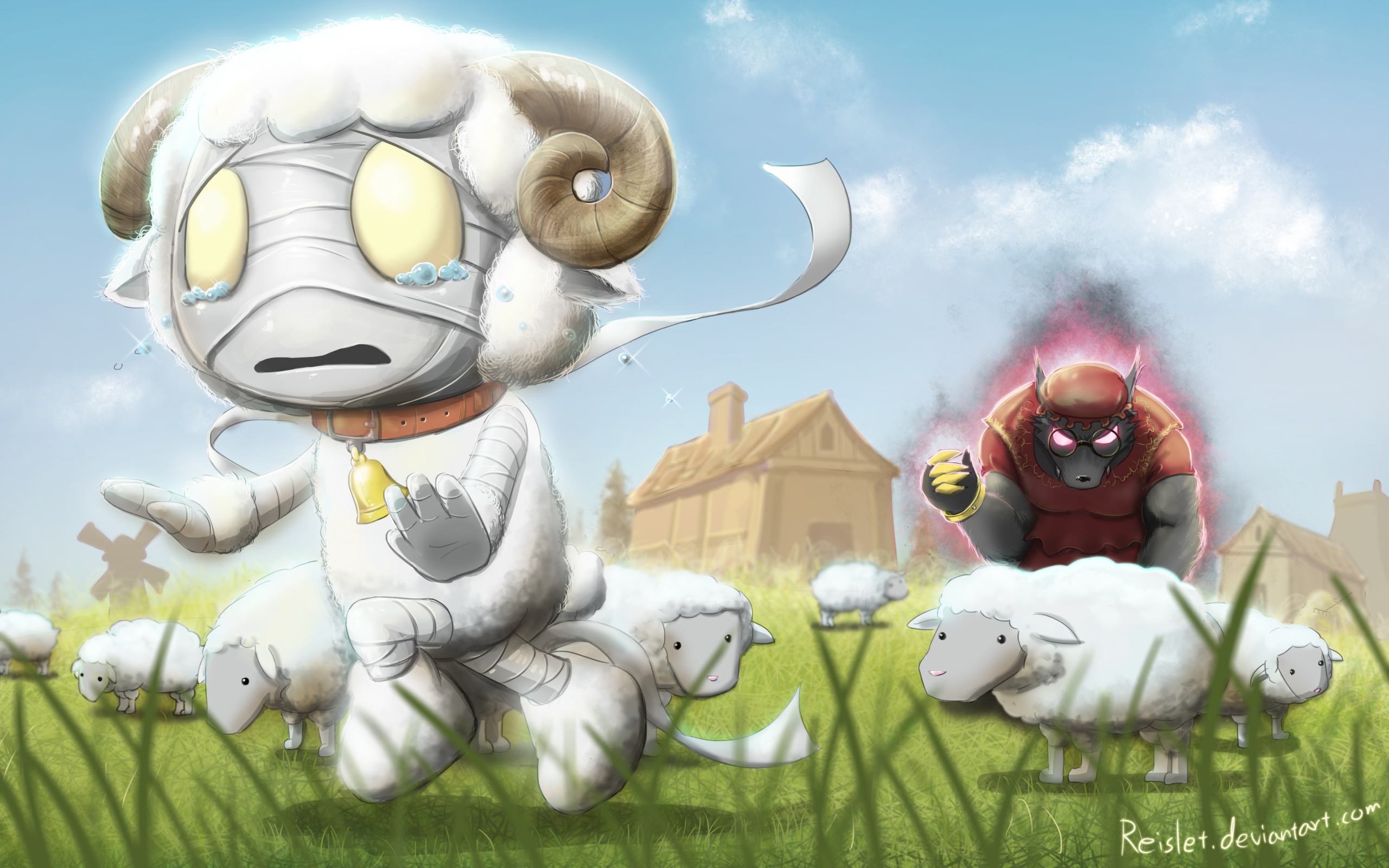Amumu from League of Legends with sheep and a wolf-like creature HD Wallpaper