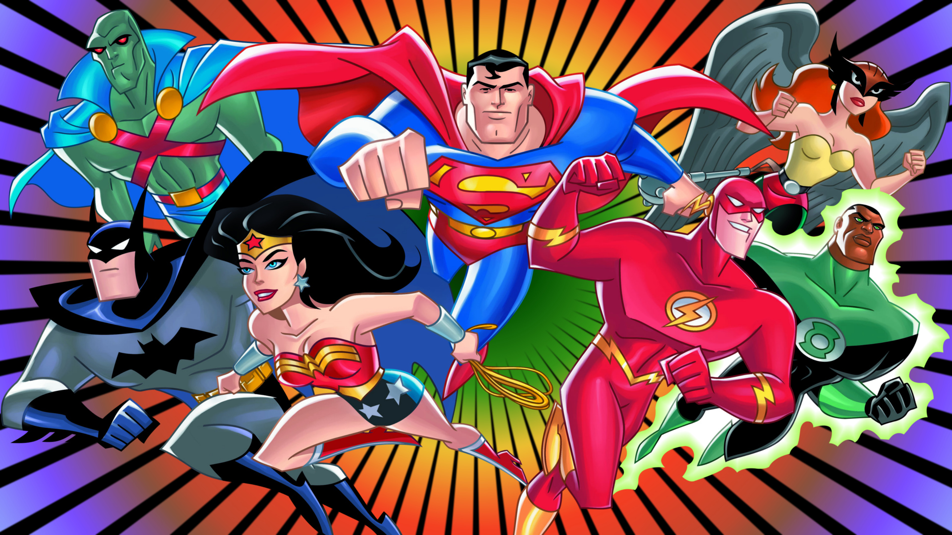 Justice League characters including Superman, Batman, Wonder Woman, Flash, Green Lantern, Martian Manhunter, and Hawkgirl HD Wallpaper