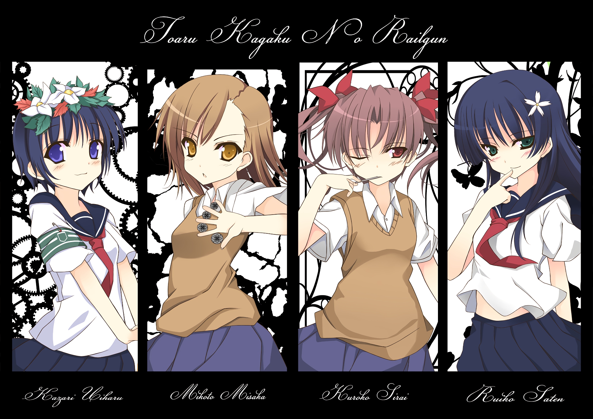 Toaru Kagaku no Railgun characters: Kazari Uiharu, Mikoto Misaka, Kuroko Shirai, Ruiko Saten HD Wallpaper