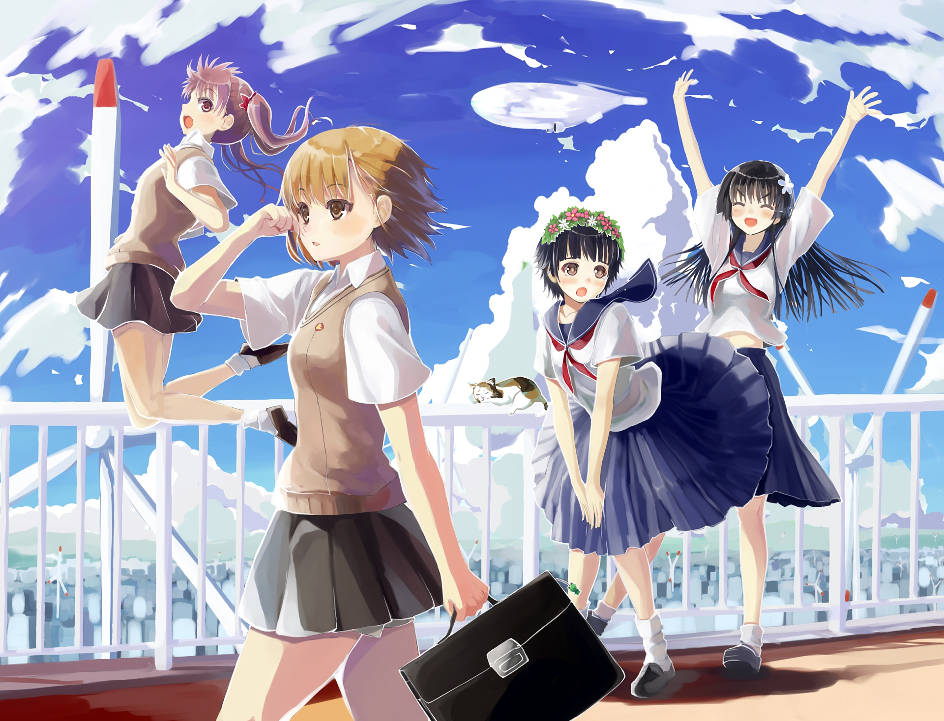 Four schoolgirls on a sunny day with a blimp HD Wallpaper