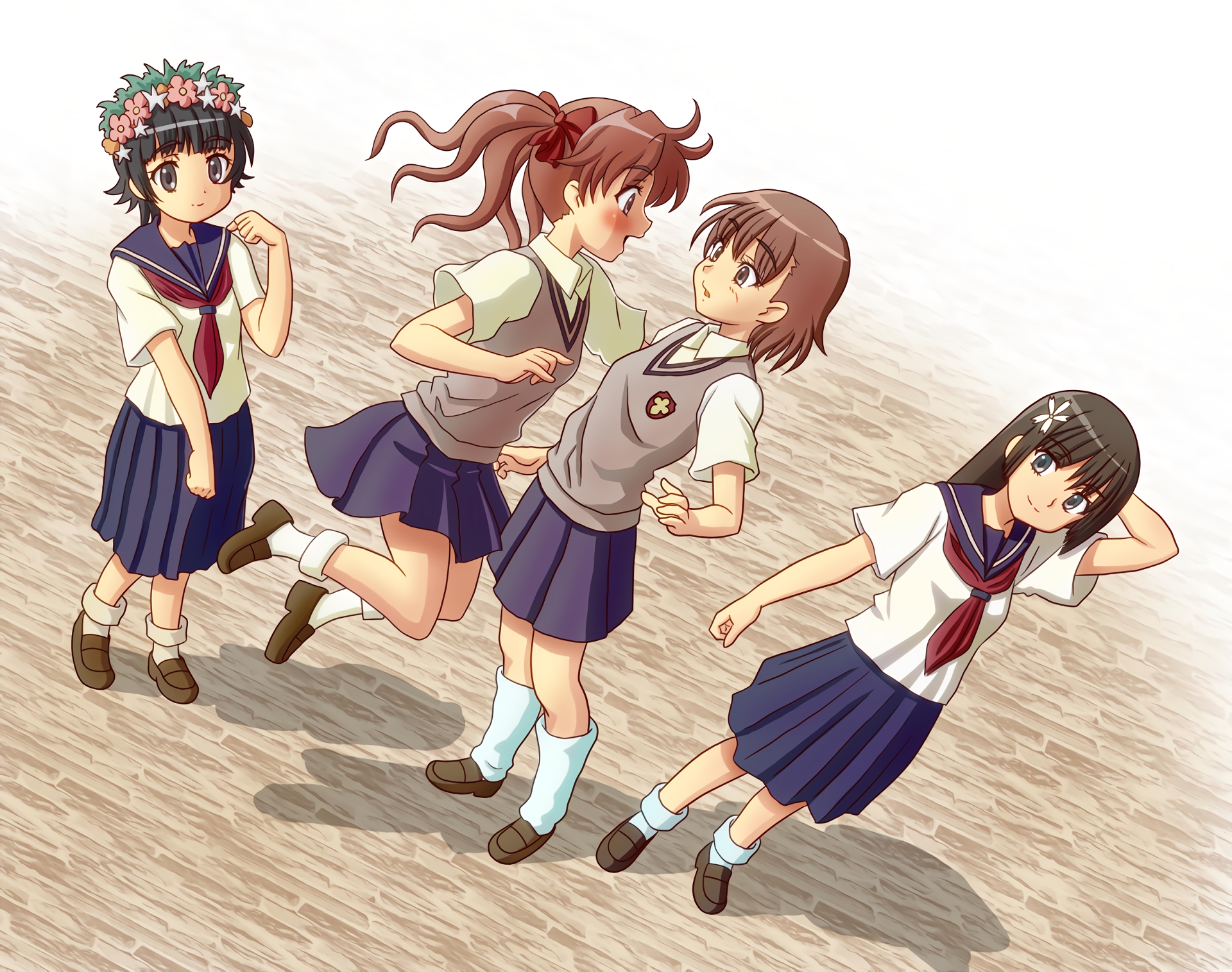 Four girls in school uniforms on a wooden floor HD Wallpaper