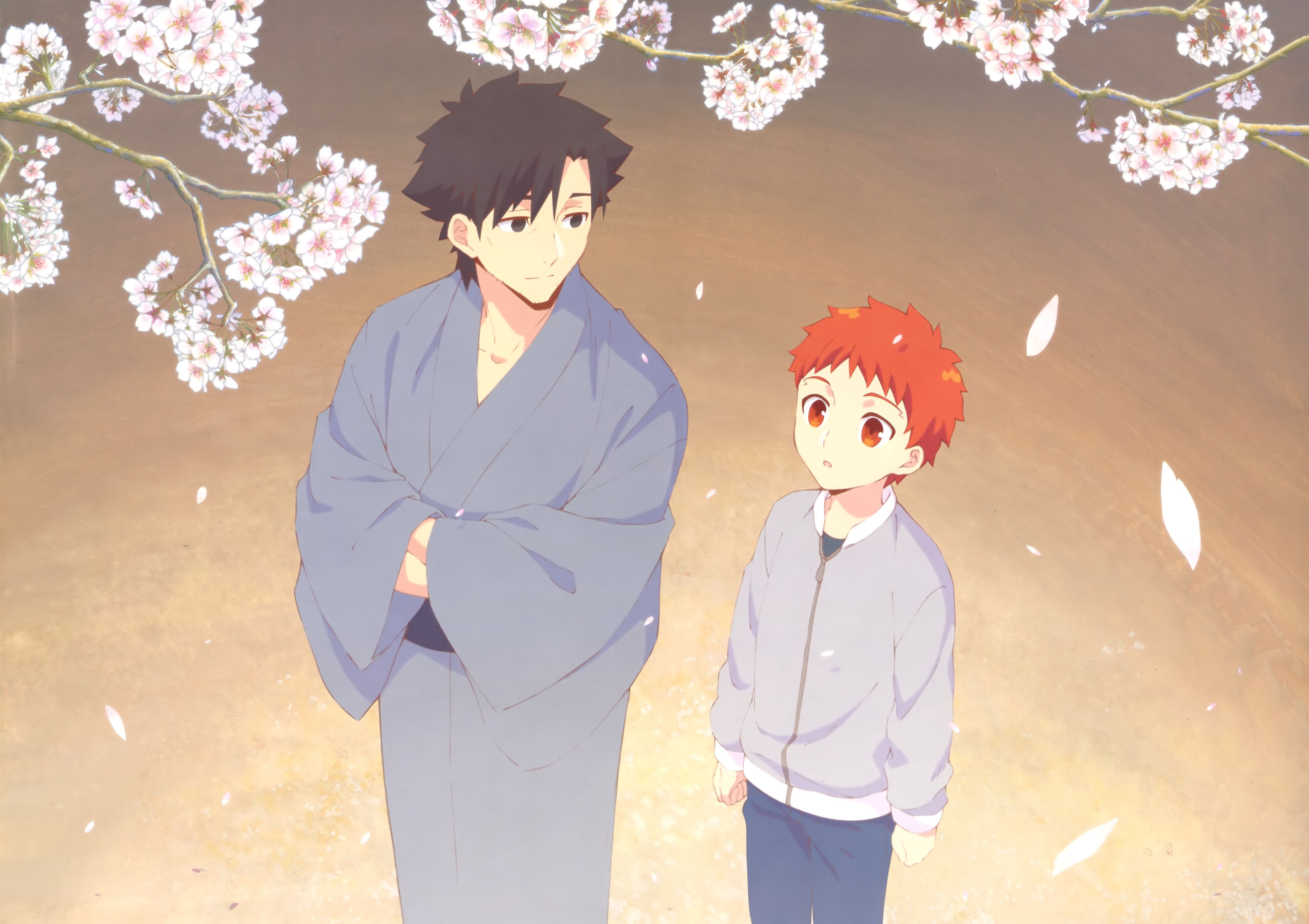 Kiritsugu Emiya and Shirou Emiya under cherry blossoms HD Wallpaper