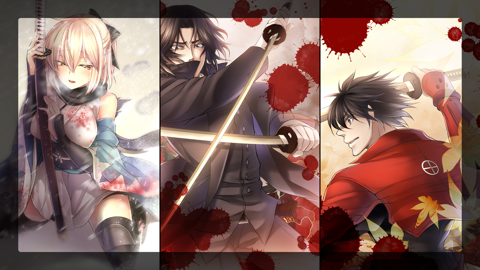 Three samurai characters with swords and blood splatters HD Wallpaper