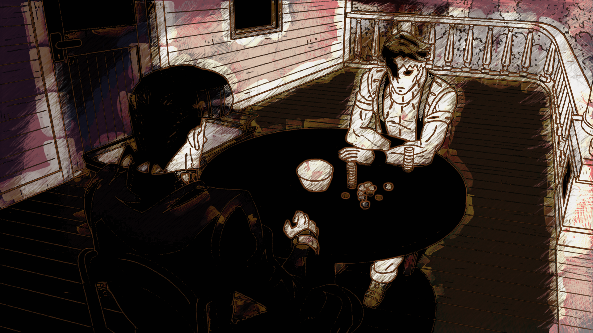Rohan Kishibe playing cards on a porch HD Wallpaper