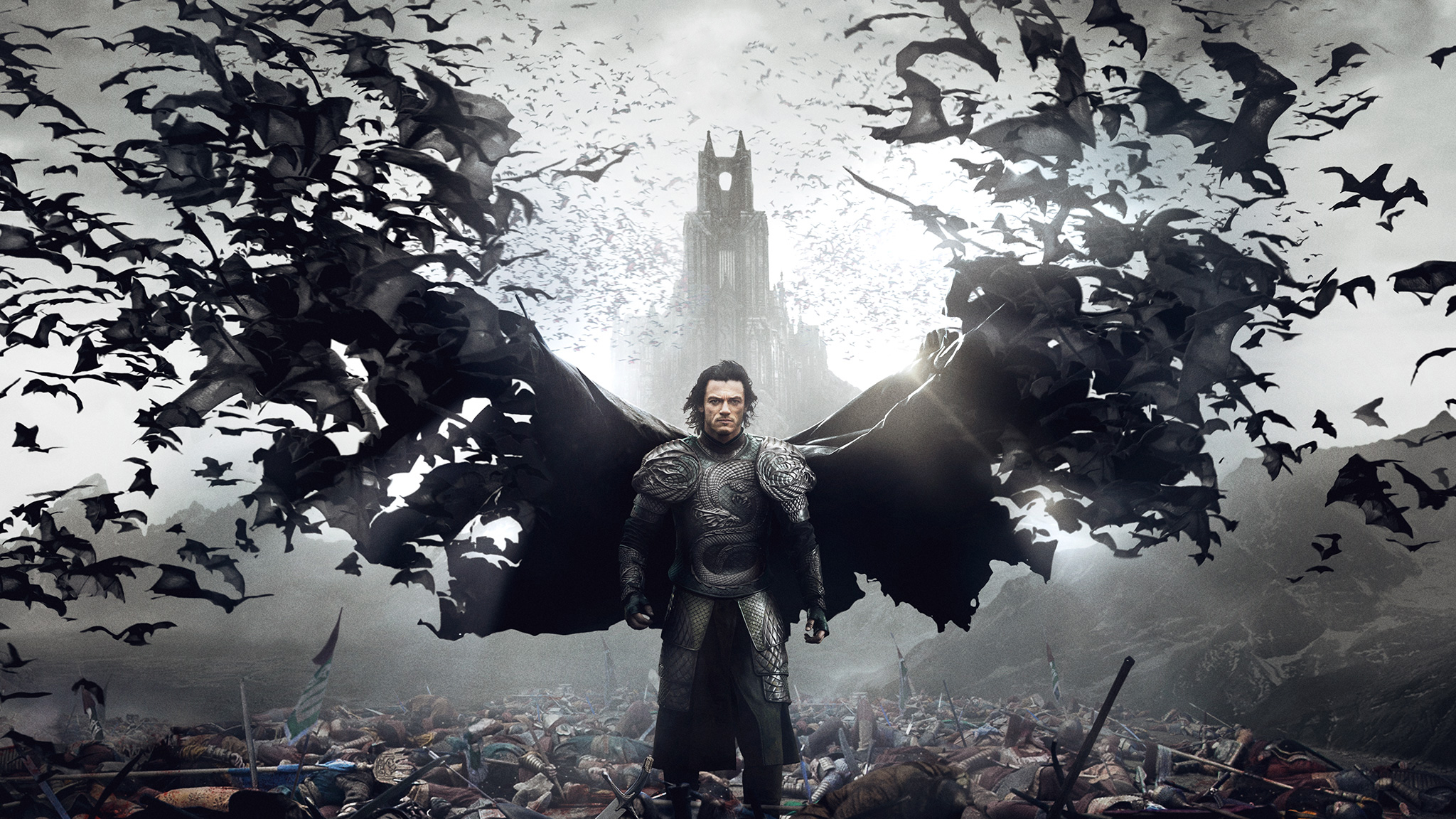 Dracula surrounded by bats and dead soldiers HD Wallpaper