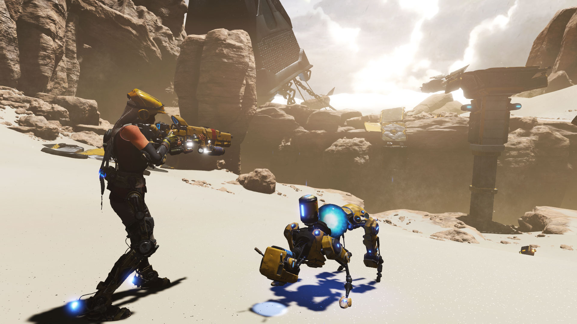 Joule Adams with a robot companion in a desert landscape HD Wallpaper