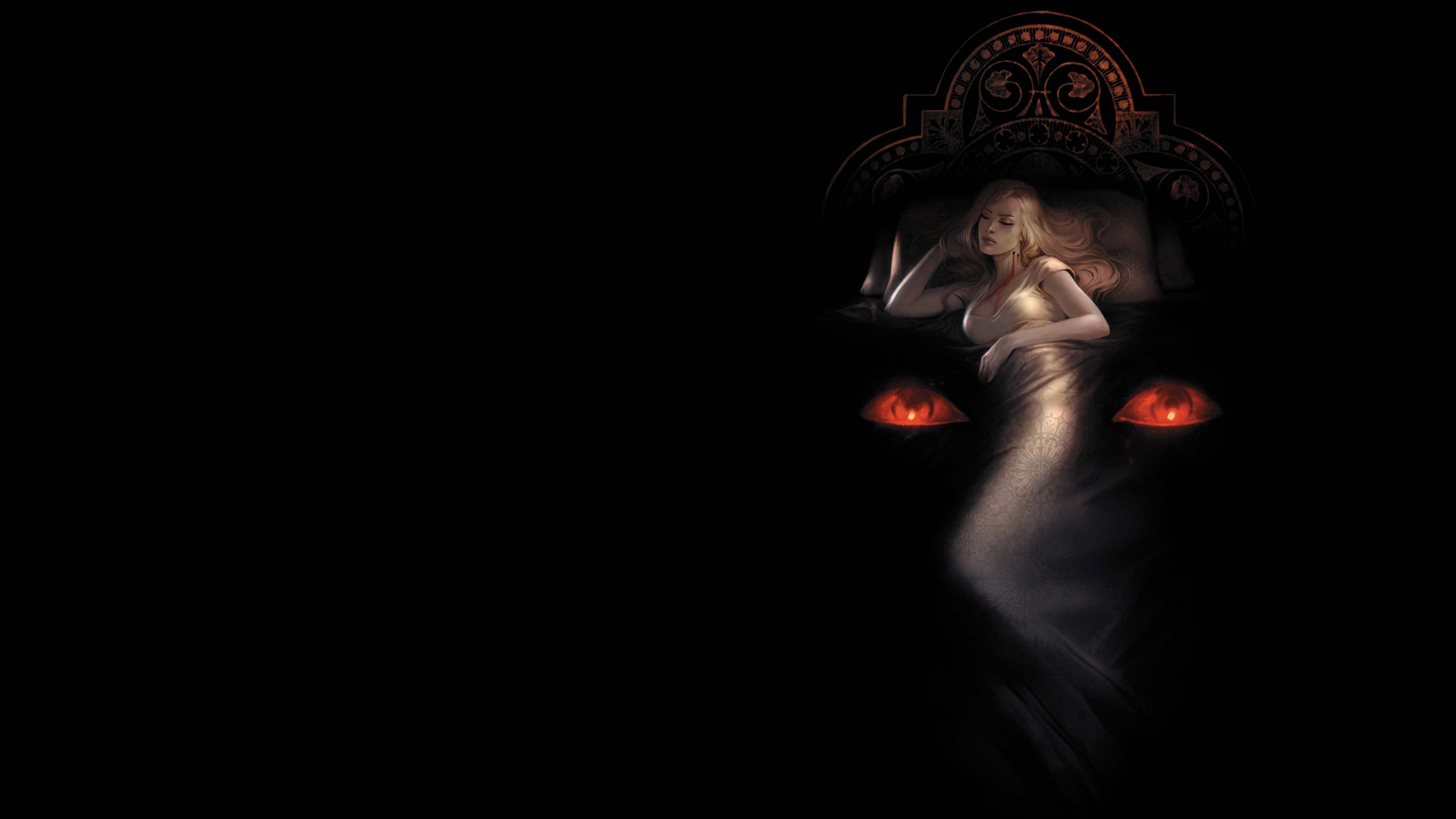 Woman in bed with demonic eyes in darkness HD Wallpaper