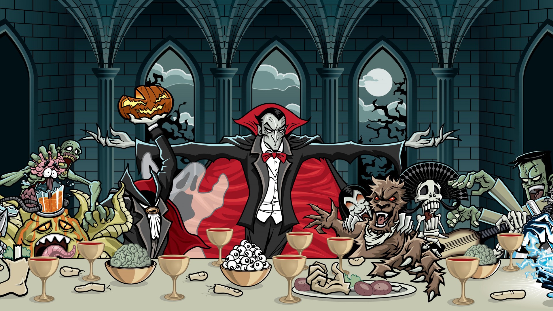 Dracula and monsters at a banquet HD Wallpaper