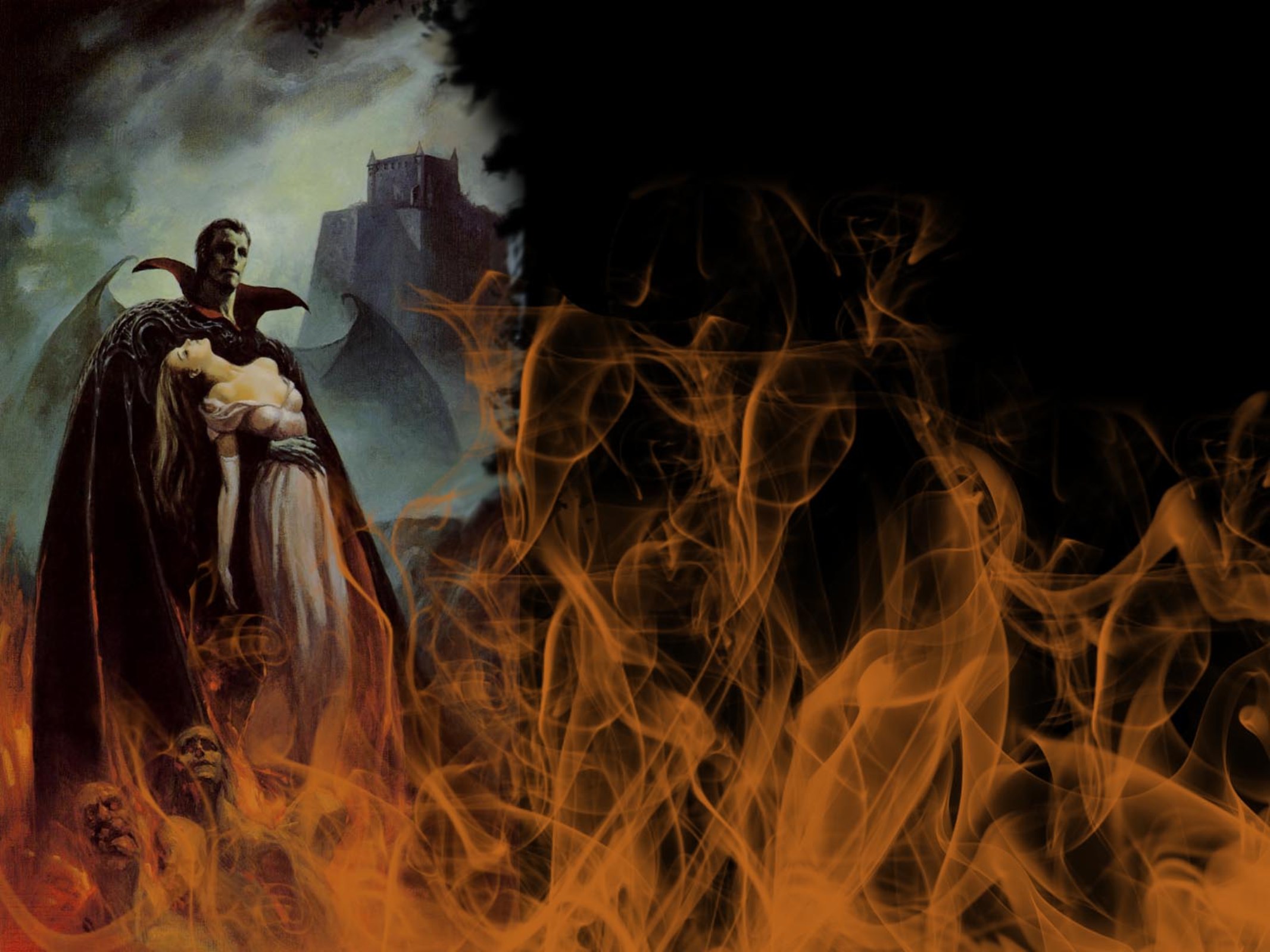 Dracula holding a woman with a castle and fire HD Wallpaper