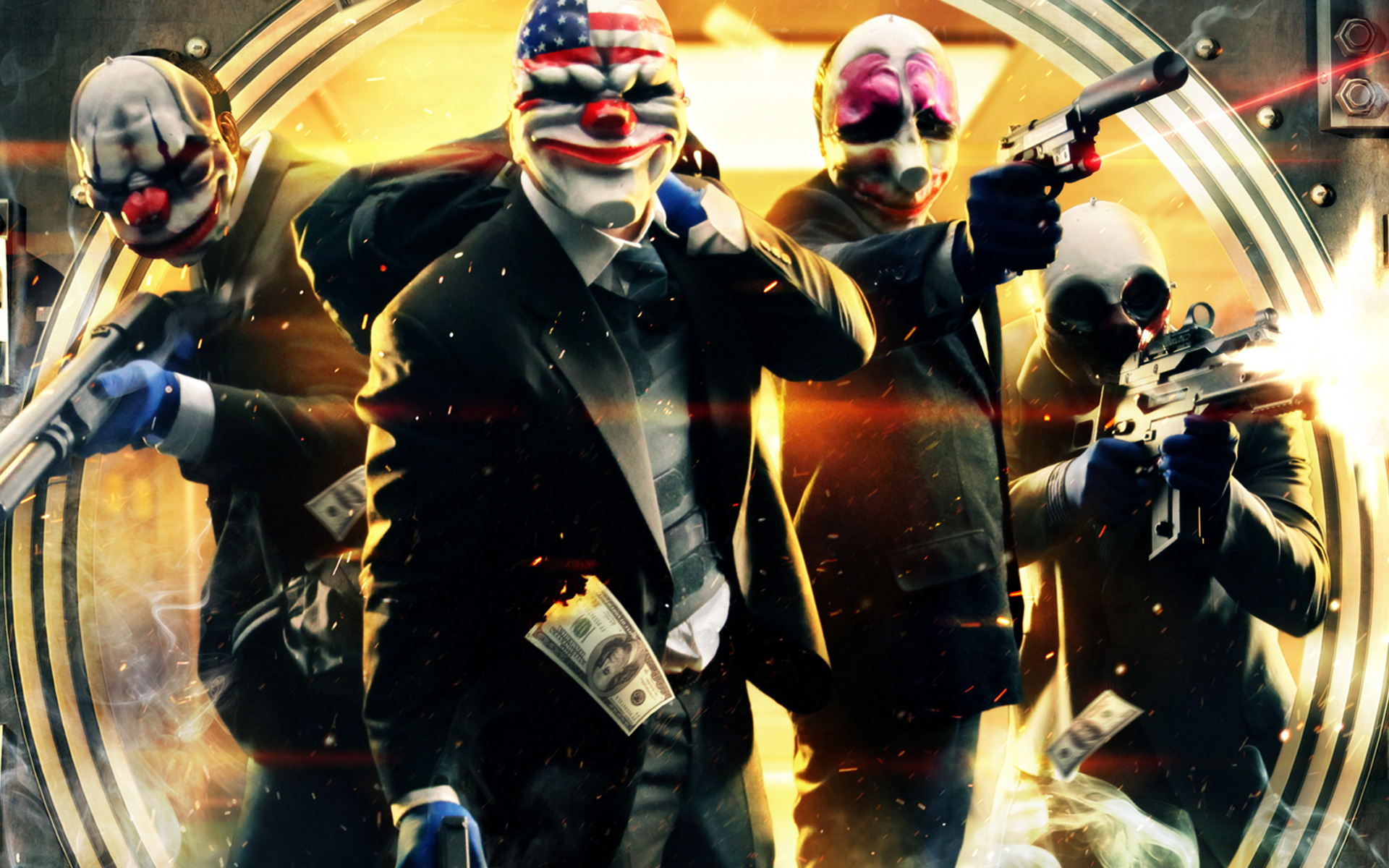 Dallas from Payday with masked men robbing a bank HD Wallpaper