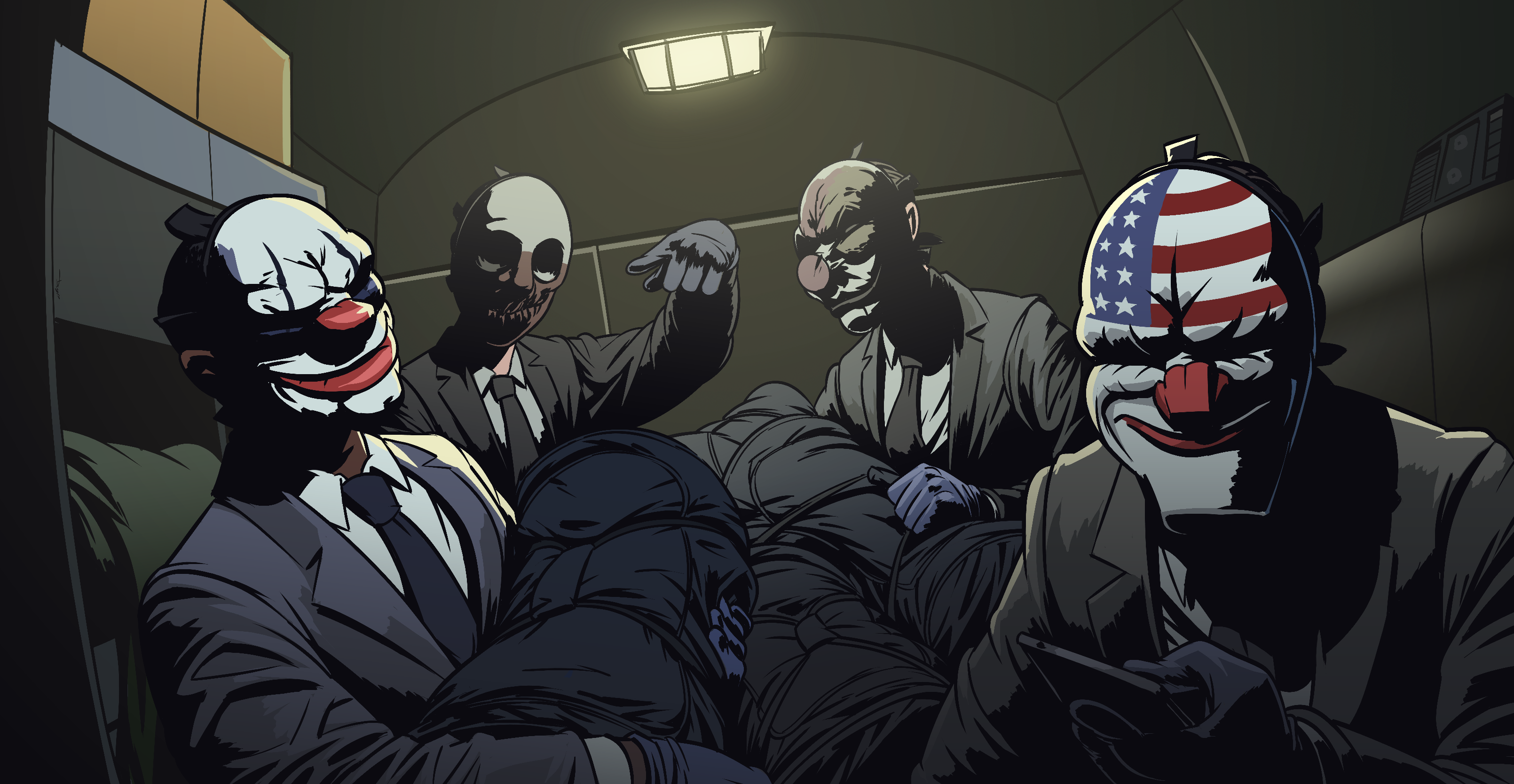 Four men in masks and suits in a vehicle HD Wallpaper
