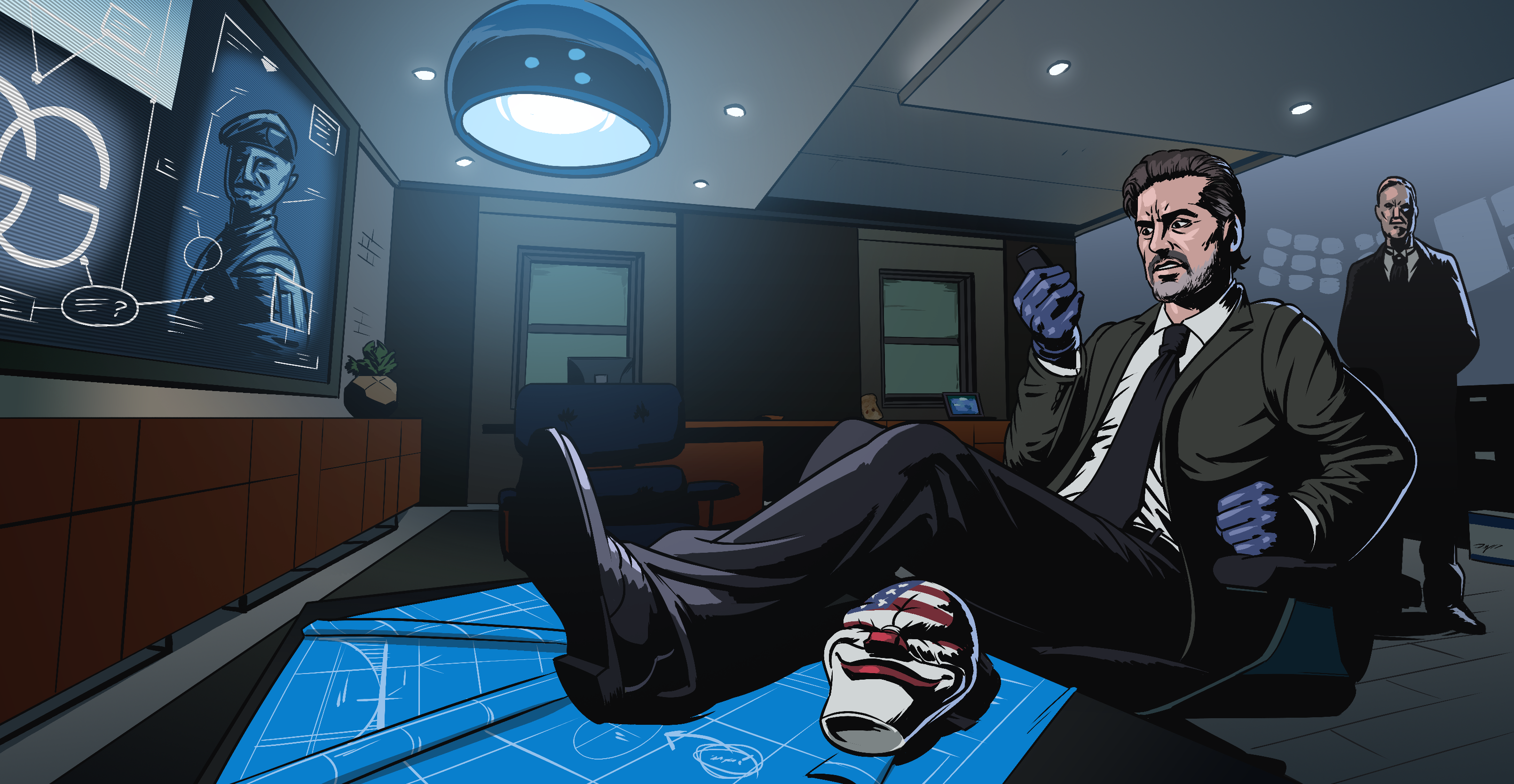 Dallas from Payday in an office with blueprints HD Wallpaper
