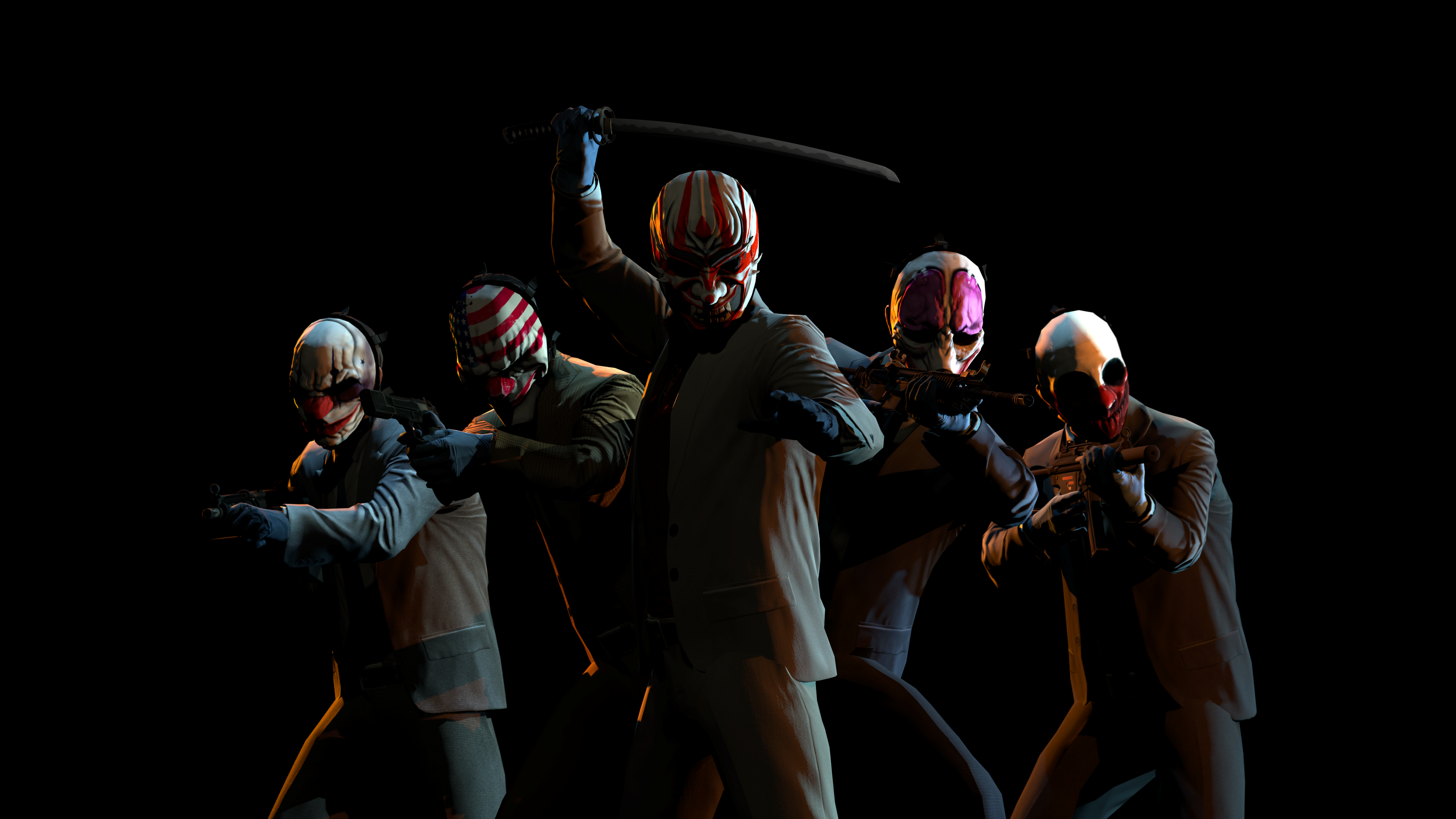 Payday 2 characters with masks and weapons HD Wallpaper