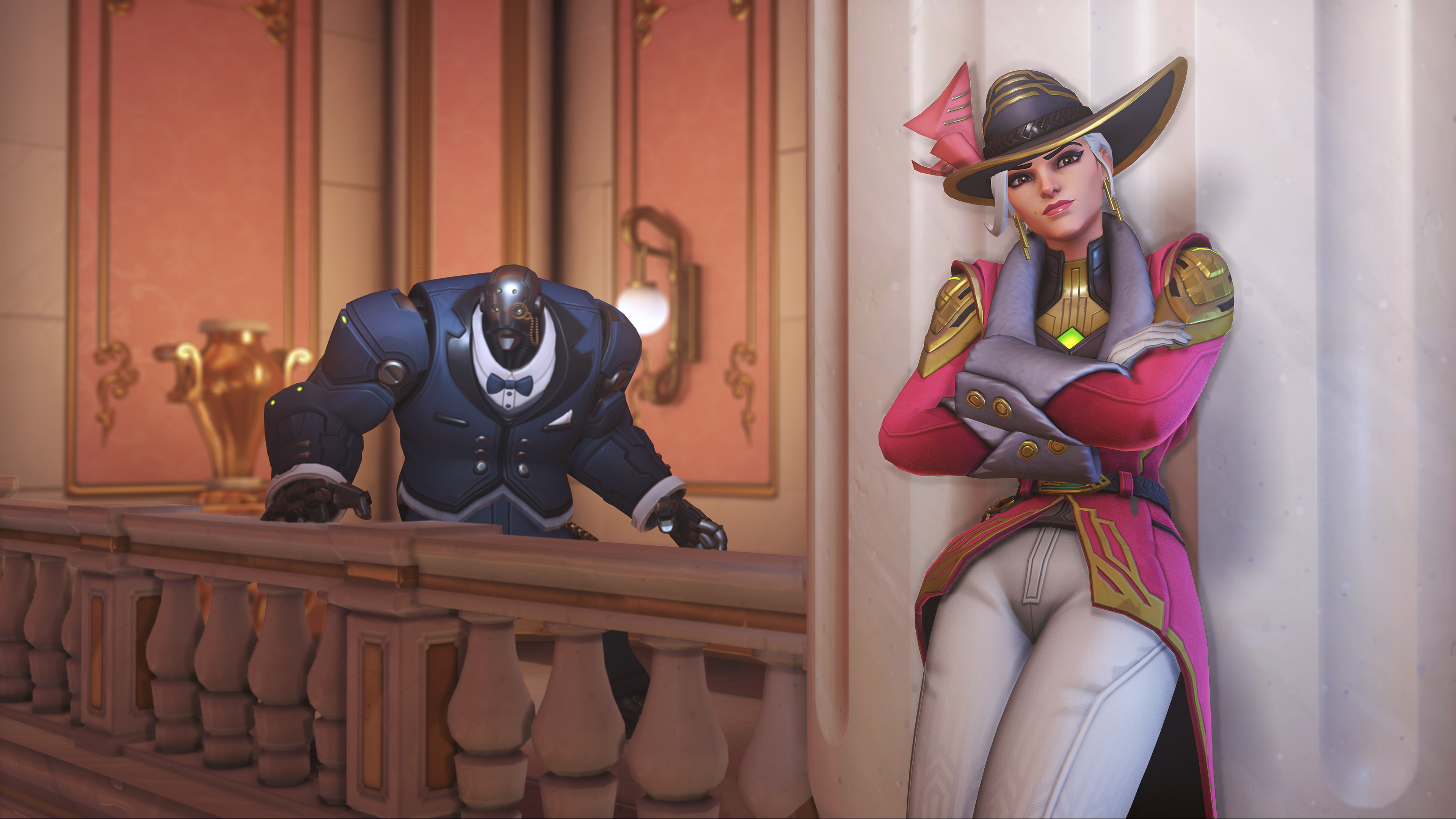 Ashe from Overwatch and a robot in formal wear HD Wallpaper