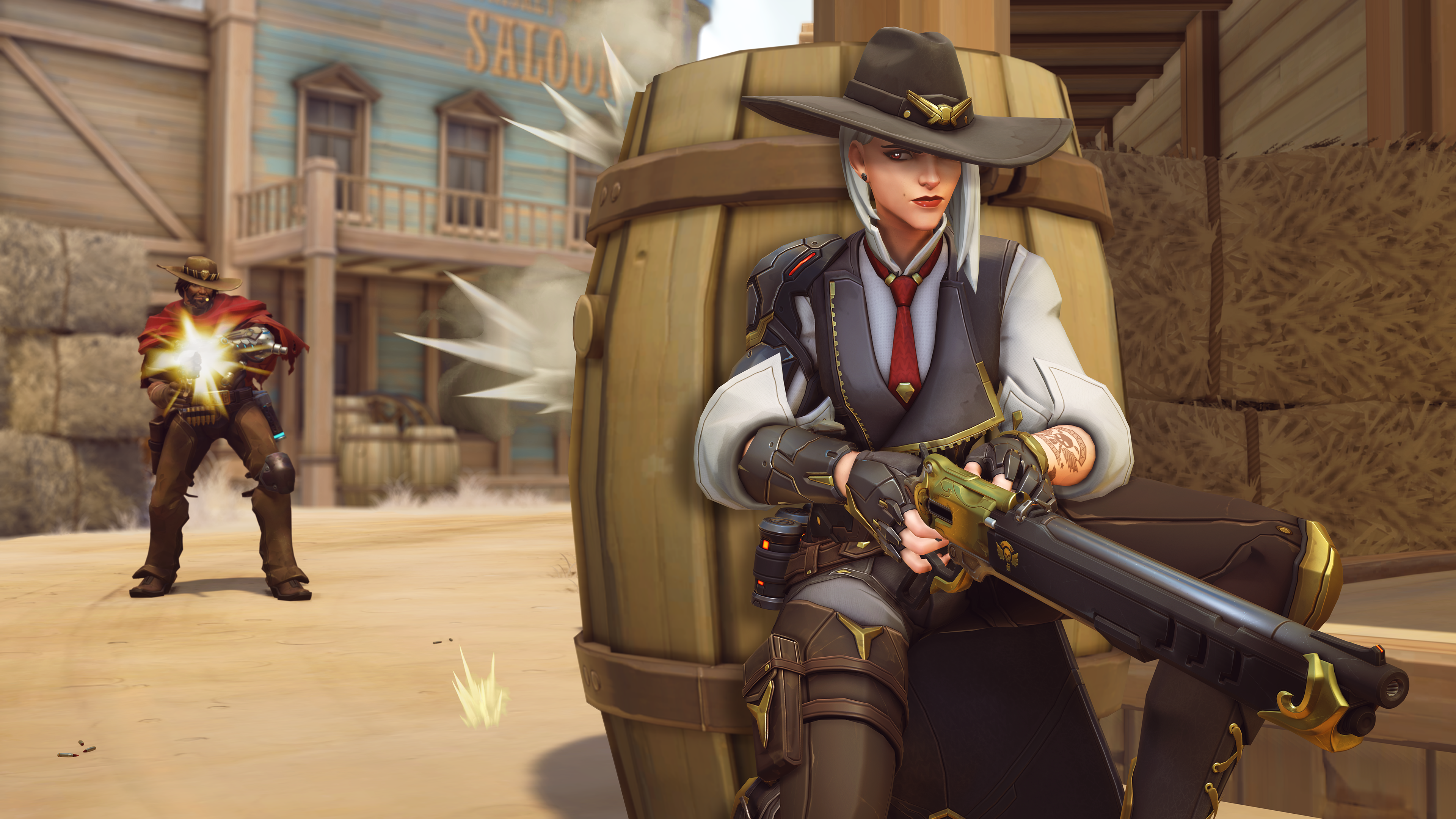 Ashe and McCree from Overwatch in a Western town HD Wallpaper
