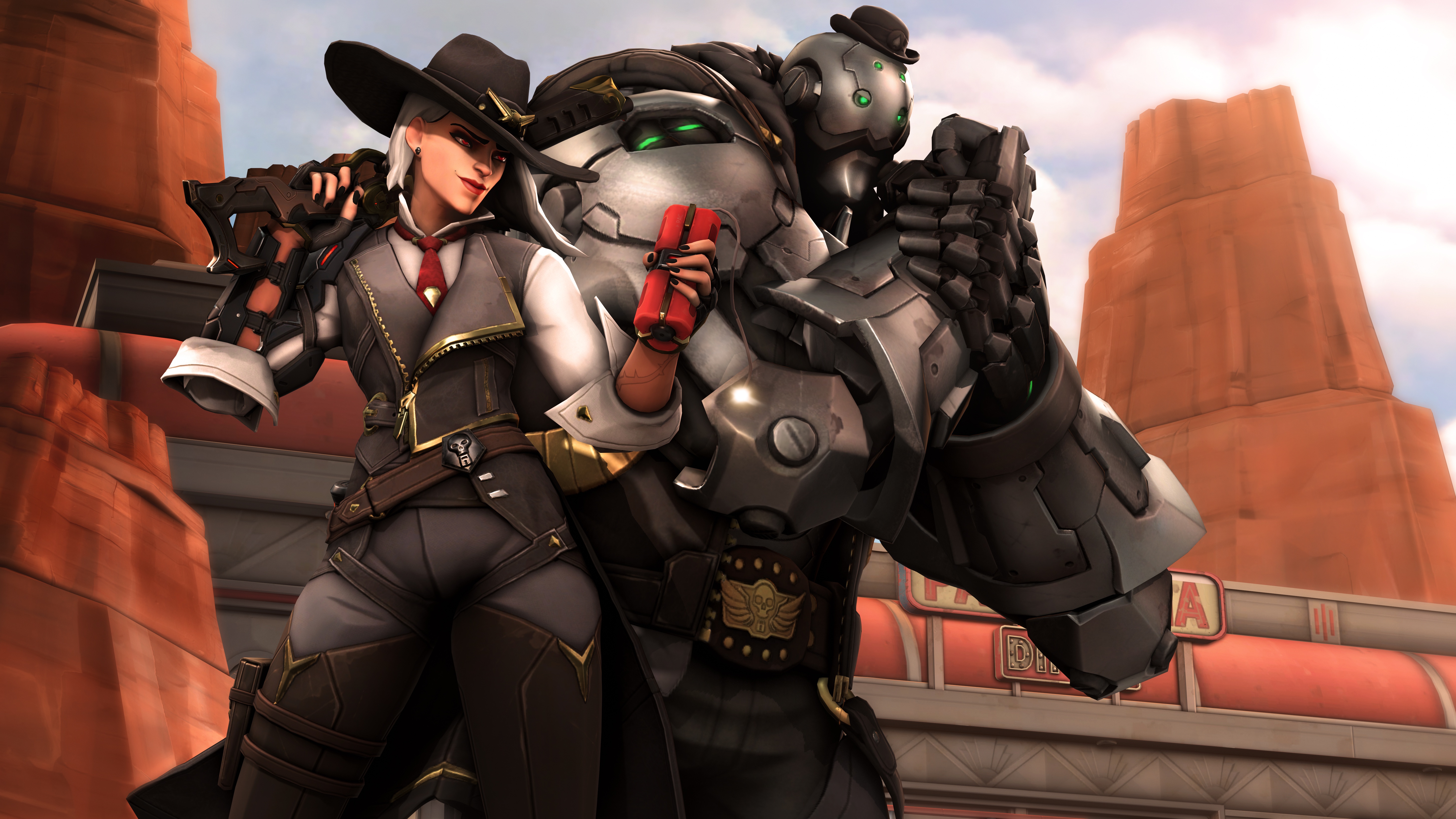 Ashe and Omnic from Overwatch in a Western town HD Wallpaper