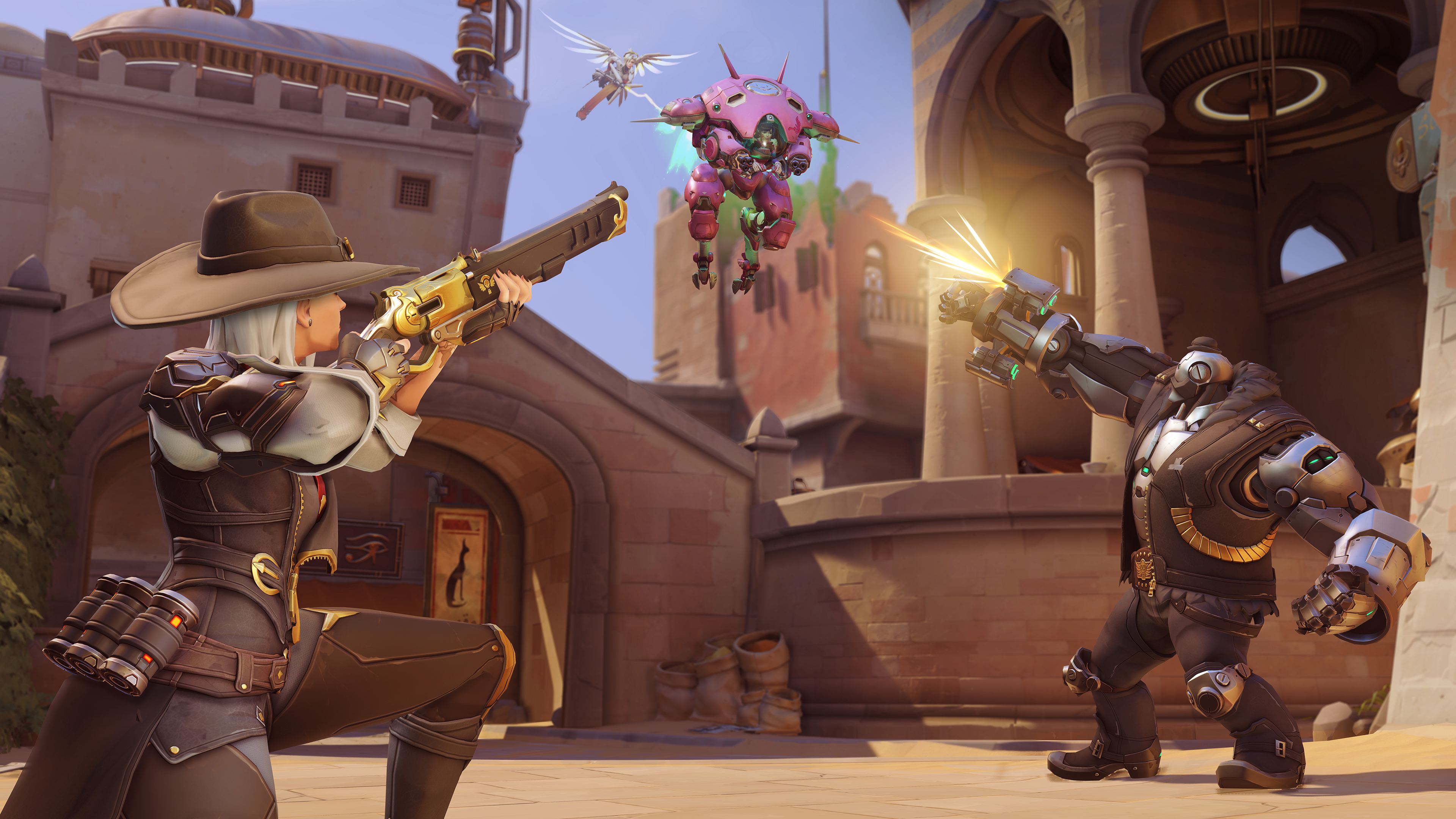 Ashe and Reinhardt from Overwatch in a desert town HD Wallpaper