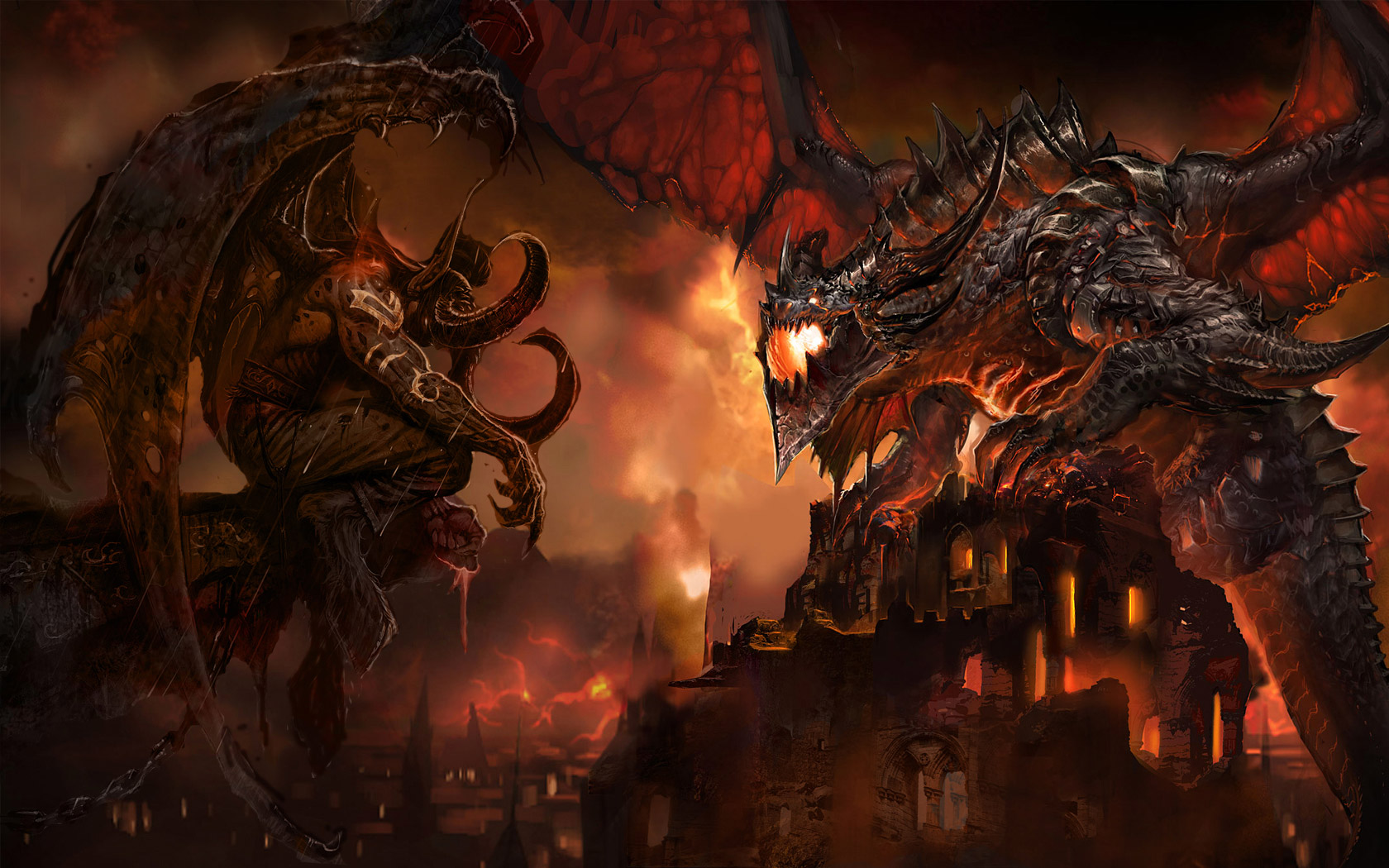 Illidan Stormrage and a dragon in a fiery landscape HD Wallpaper