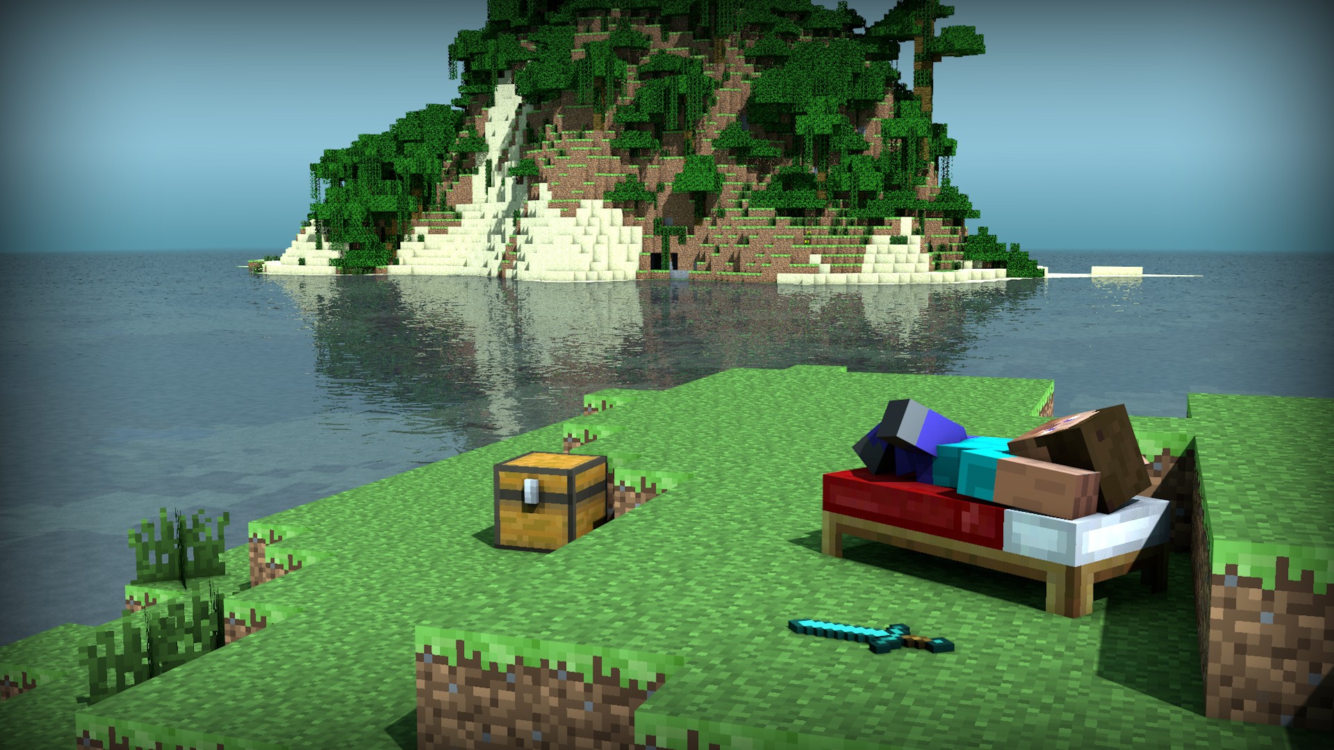Steve from Minecraft sleeping on a bed on an island HD Wallpaper