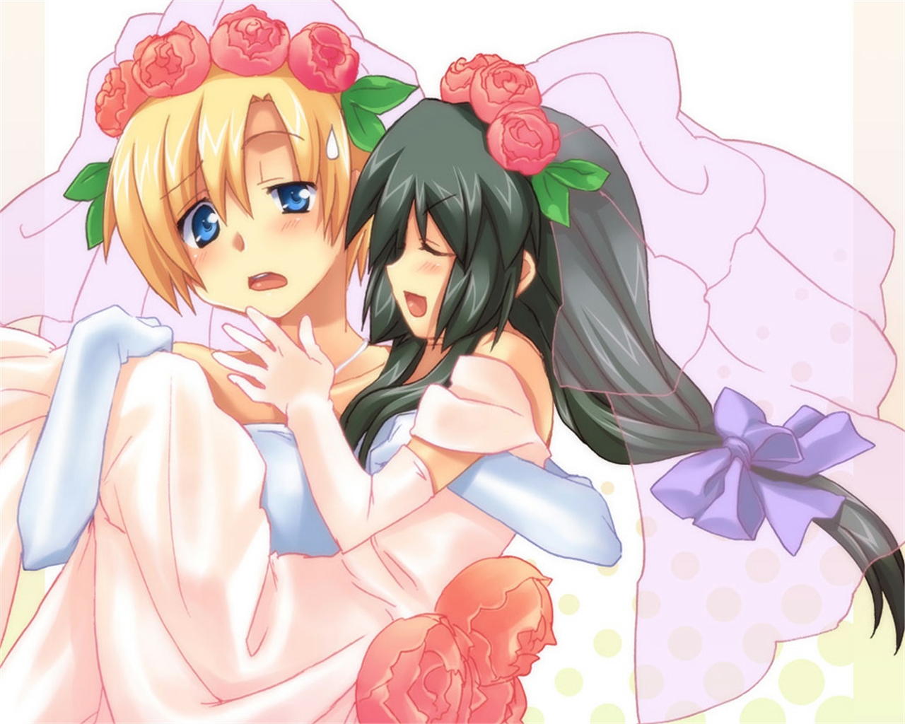 Two anime girls in wedding dresses HD Wallpaper