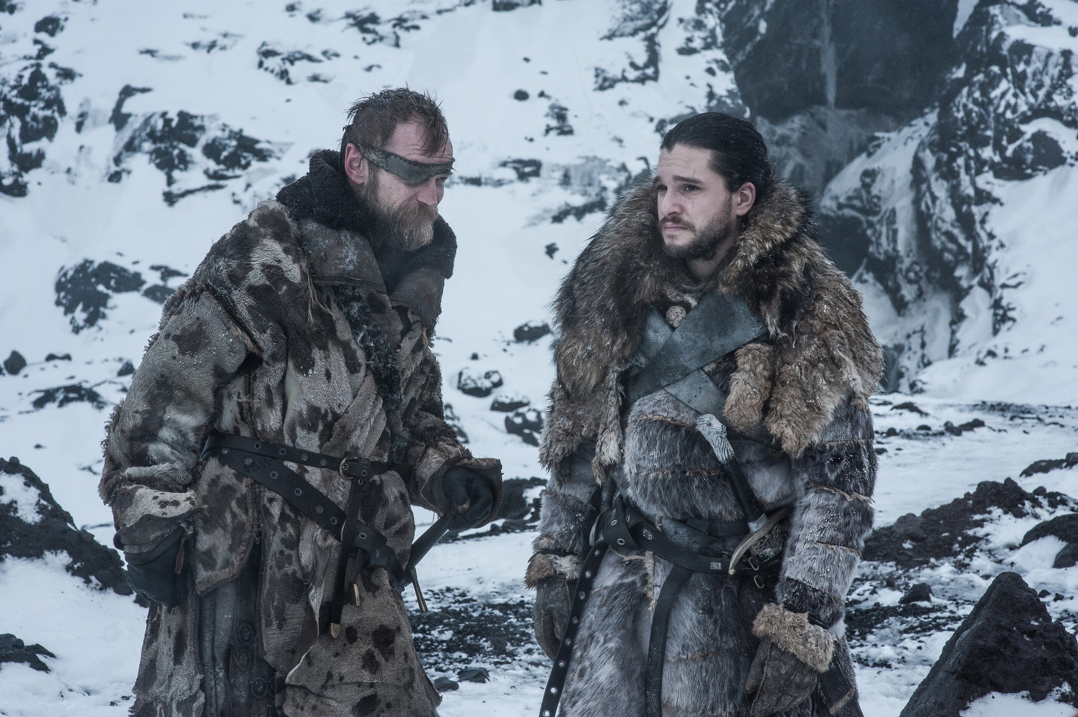 Beric Dondarrion and Jon Snow in a snowy landscape HD Wallpaper
